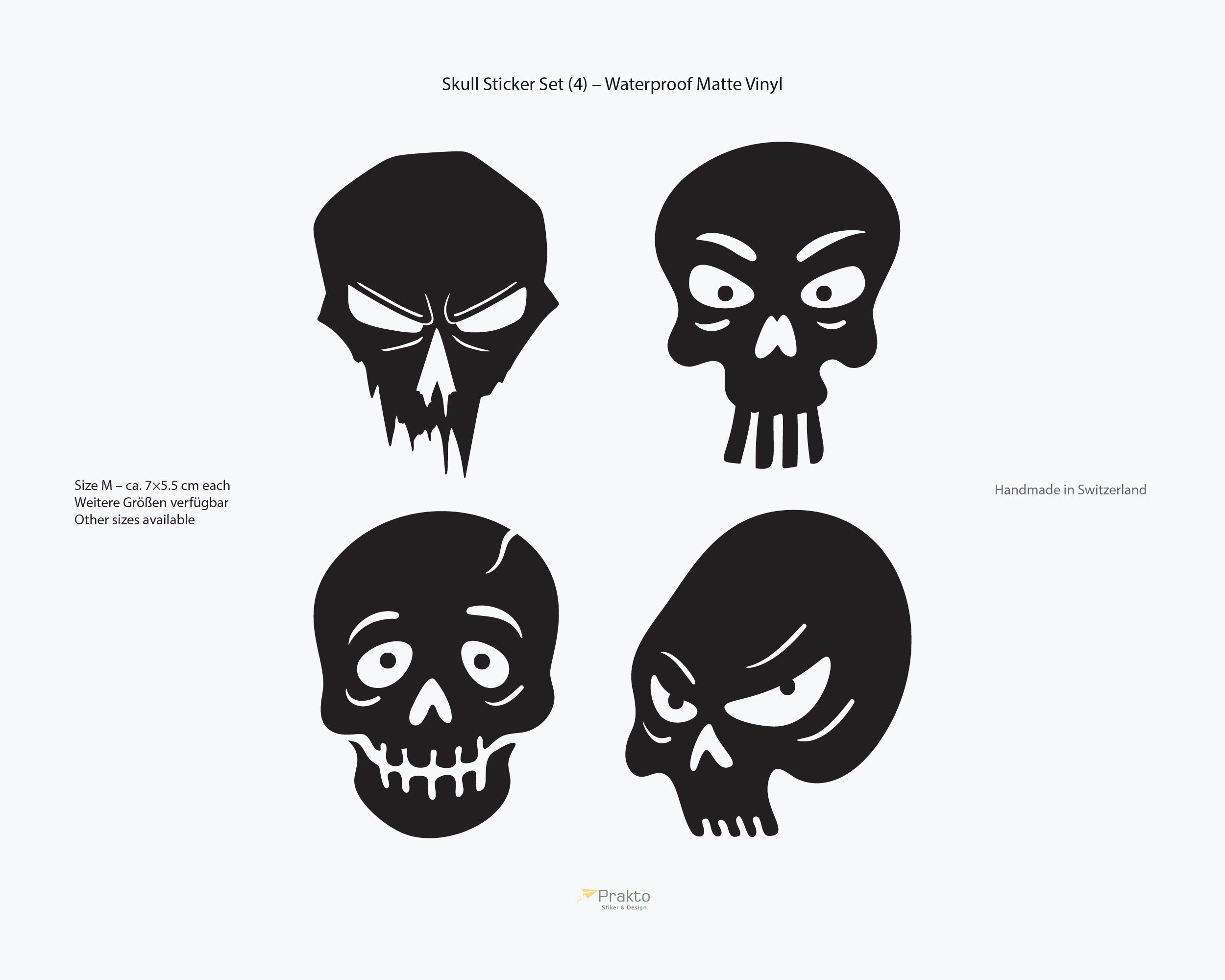Totenkopf Aufkleber Set (4 Stück) – Wasserfeste Vinyl Sticker für Auto, Motorrad, Helm & Laptop