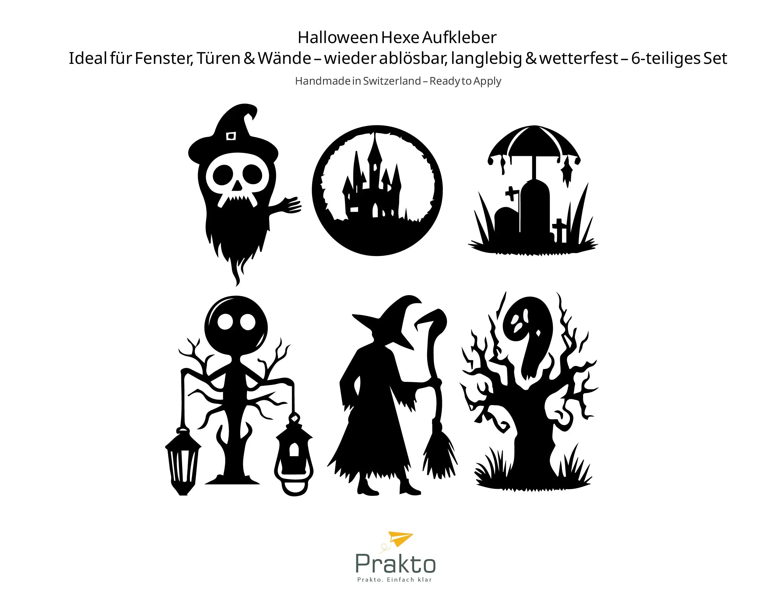 Spooky Halloween Fenster-Aufkleber Set – Hexe, Schloss & Baum – Gruselige Vinyl Deko für Glas & Wand Prakto