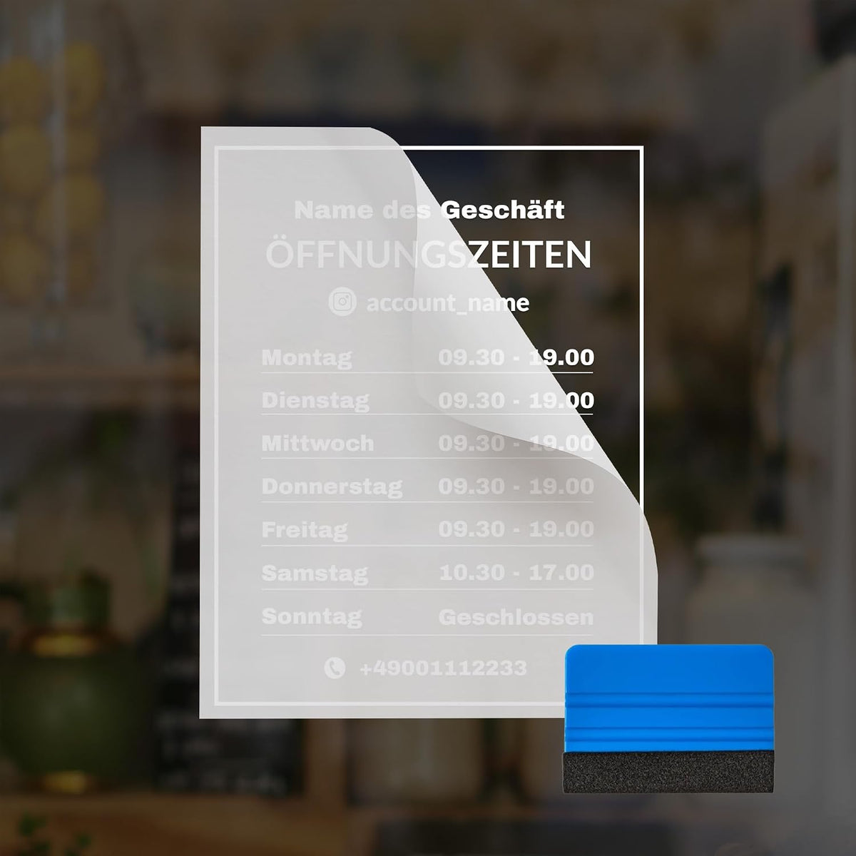 Öffnungszeiten Aufkleber – Montage mit Transferfolie