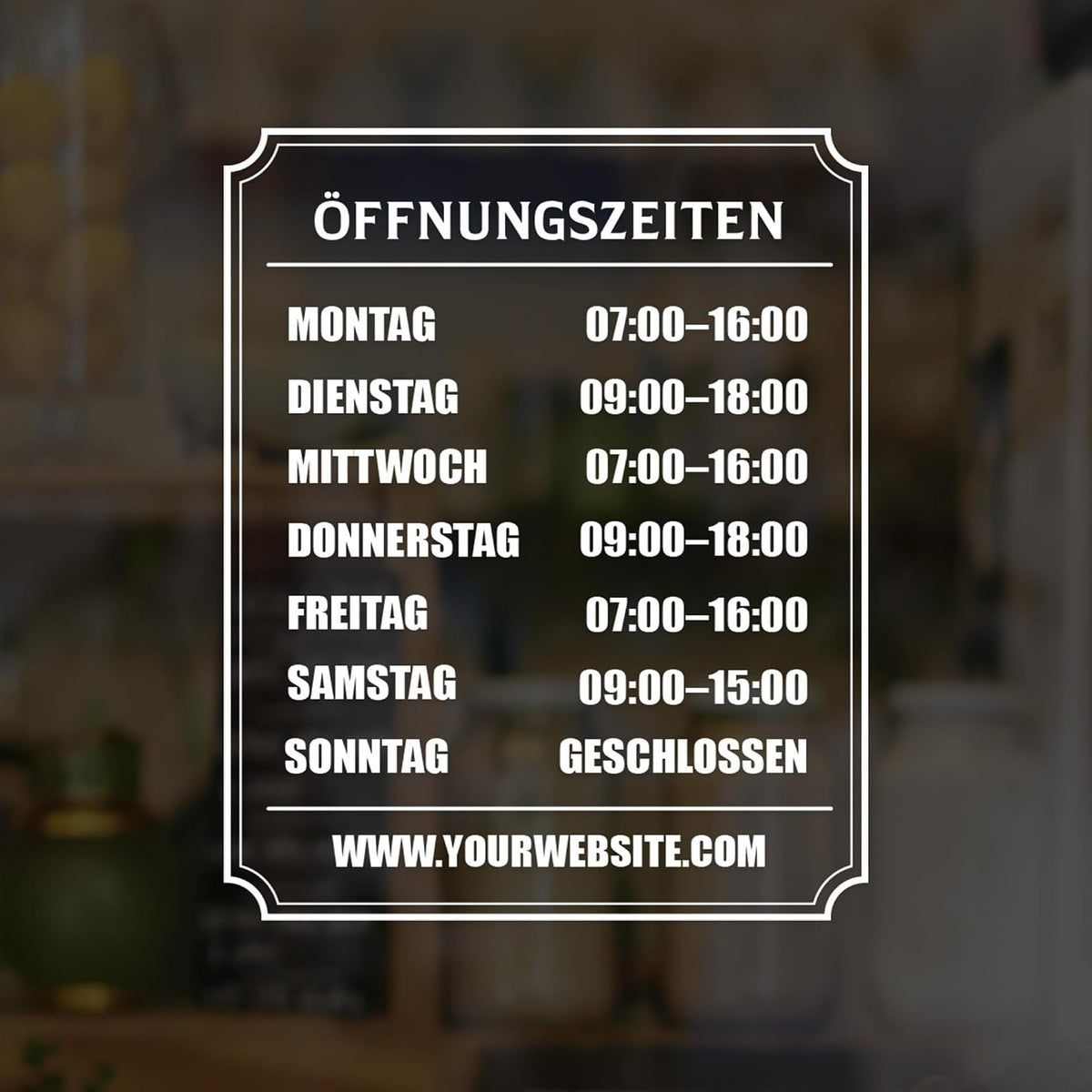 Öffnungszeiten Aufkleber Zierrahmen – Anwendung an der Glastür