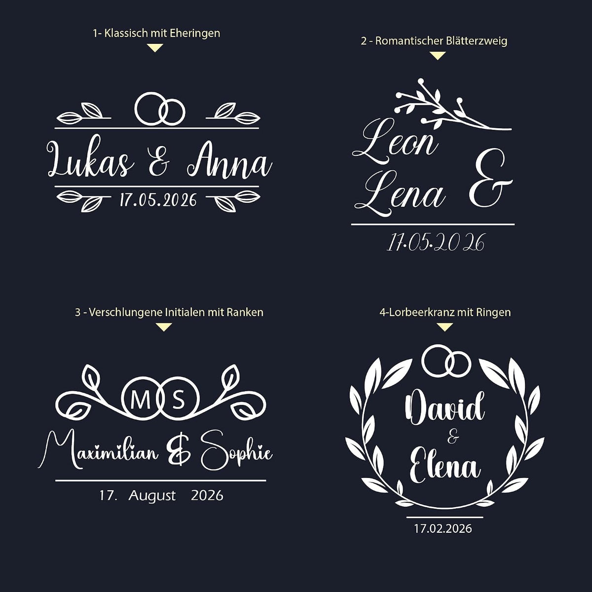 4 Monogramm-Designs: Eheringe, Blätterzweig, Ranken mit Initialen, Lorbeerkranz