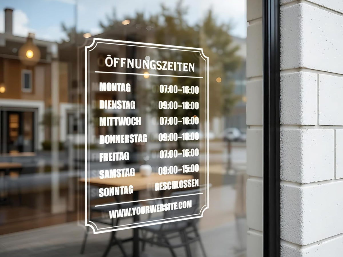 Öffnungszeiten Aufkleber mit Zierrahmen auf Schaufenster, weiss, 23 × 30 cm