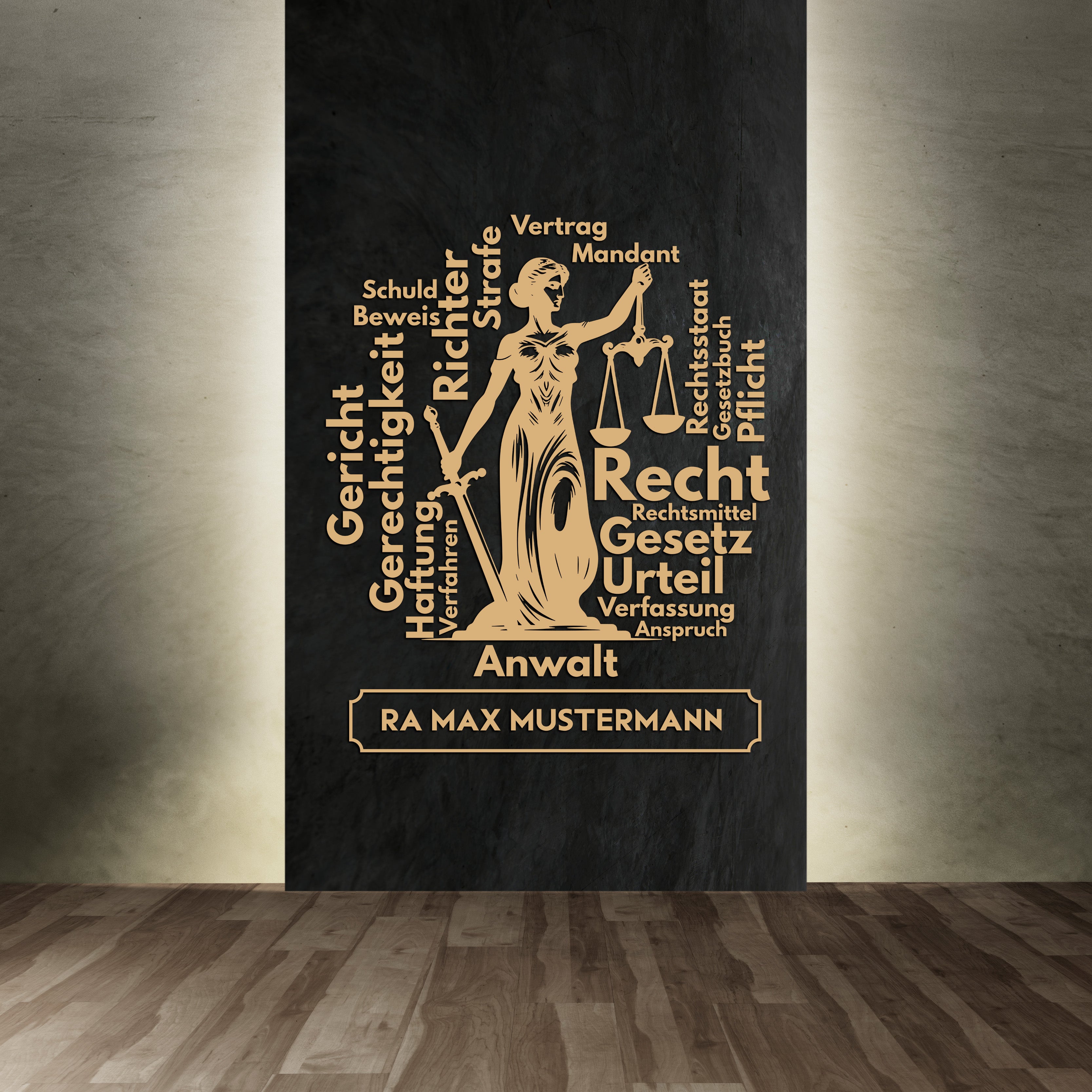 Wandtattoo Kanzlei mit Name | Justitia Wandaufkleber für Anwalt & Juristenbüro