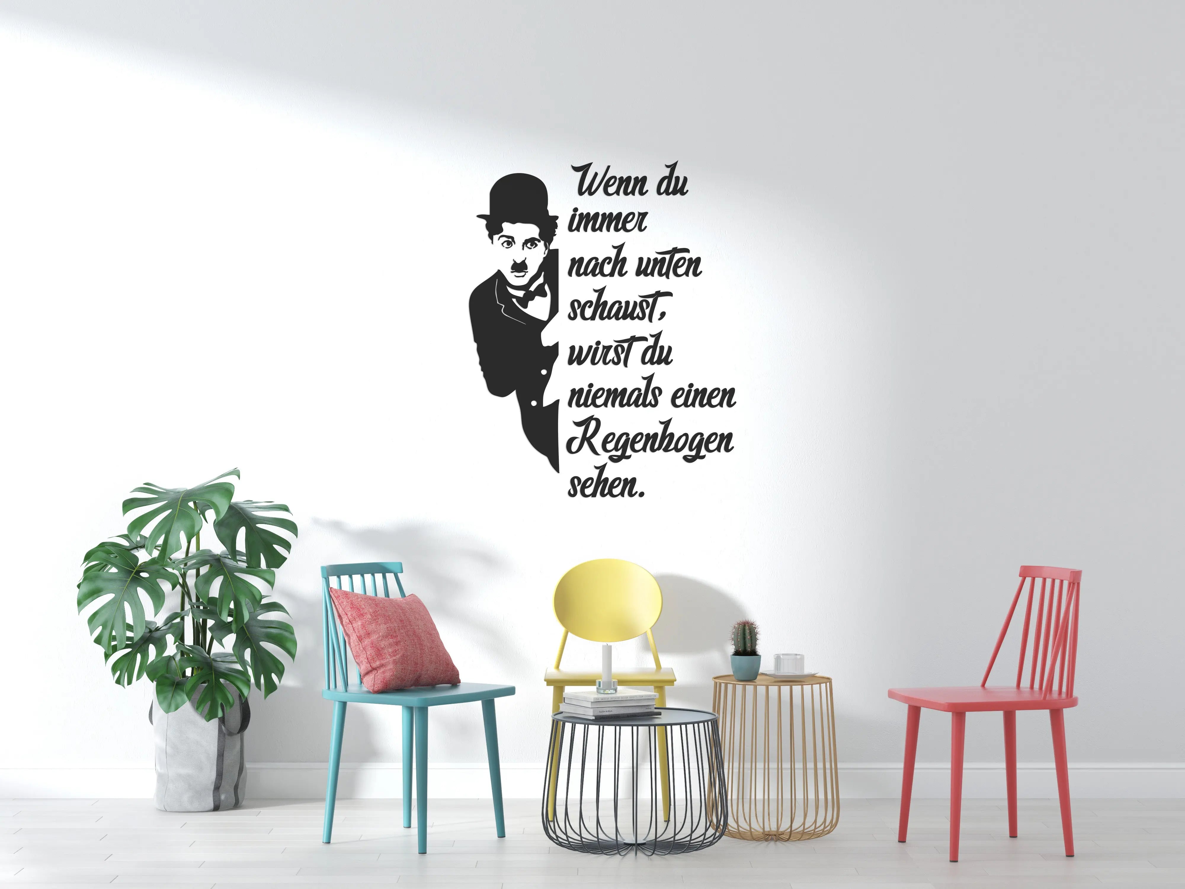 Charlie Chaplin Wandtattoo mit Zitat – „Wenn du immer nach unten schaust, wirst du niemals einen Regenbogen sehen“ – Vinyl Wandaufkleber Prakto
