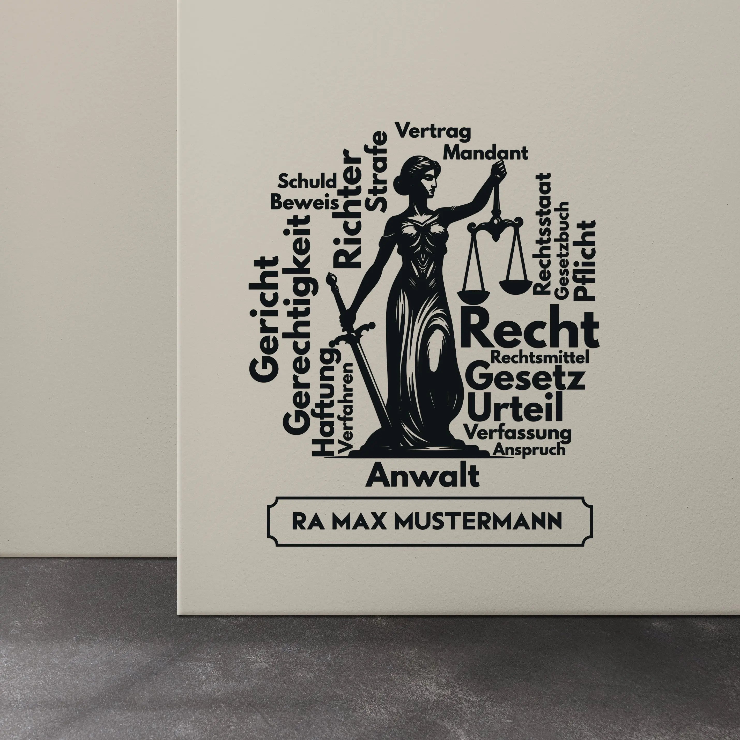 Wandtattoo Kanzlei mit Name | Justitia Wandaufkleber für Anwalt & Juristenbüro Prakto