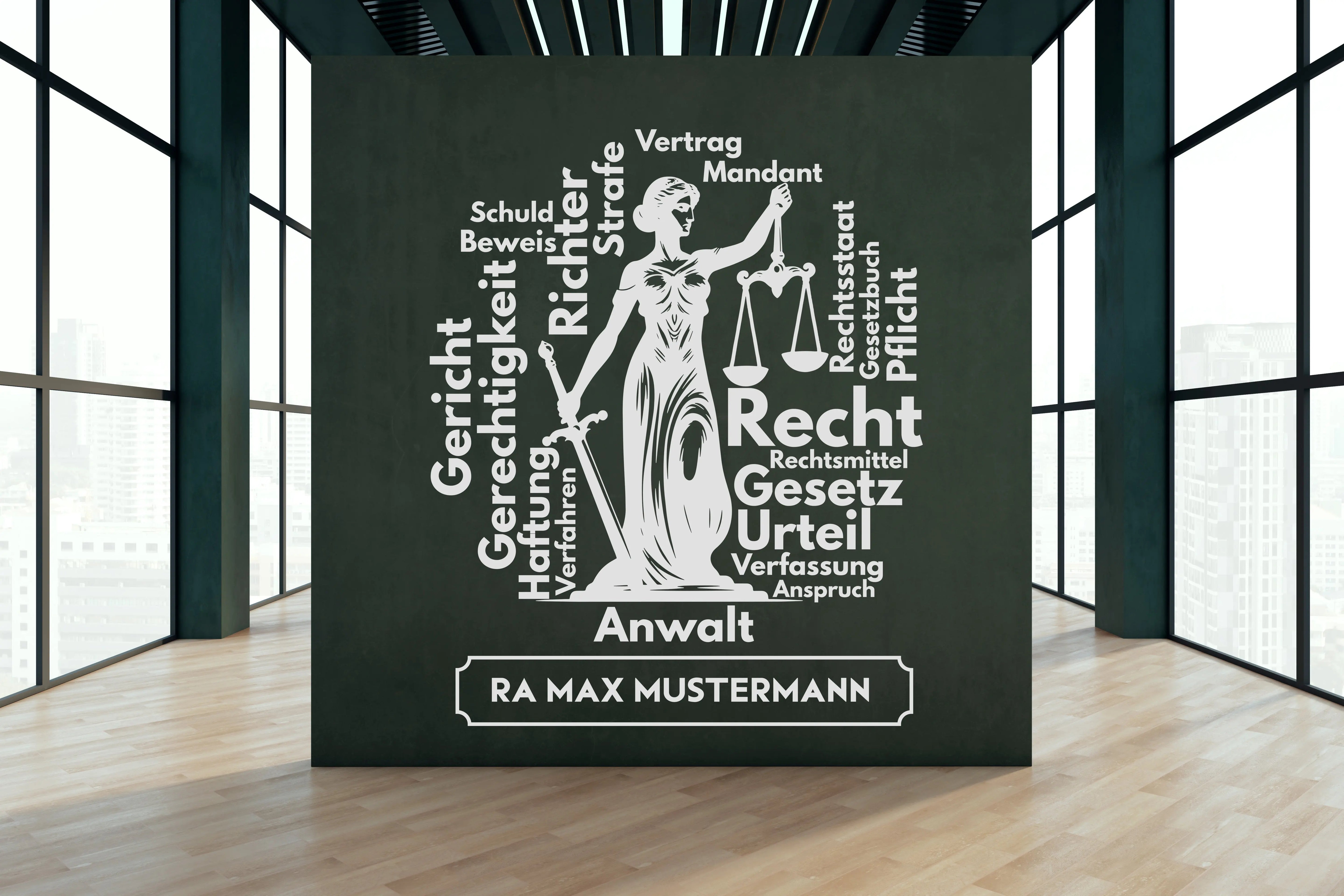 Wandtattoo Kanzlei mit Name | Justitia Wandaufkleber für Anwalt & Juristenbüro Prakto