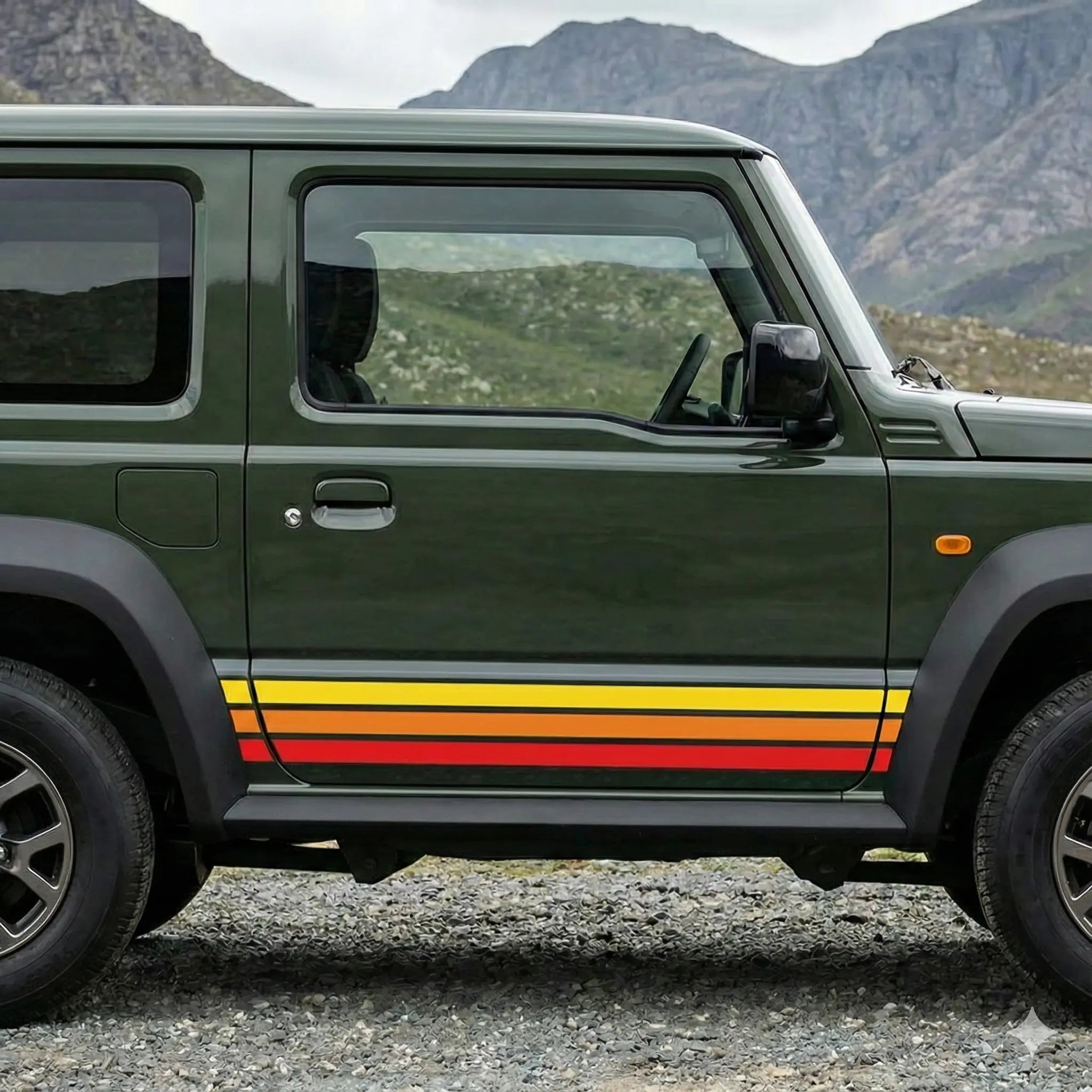 Retro Seitenstreifen Set für Suzuki Jimny JB74 – Sunset Design Gelb Orange Rot (3- & 5-Türer) Prakto