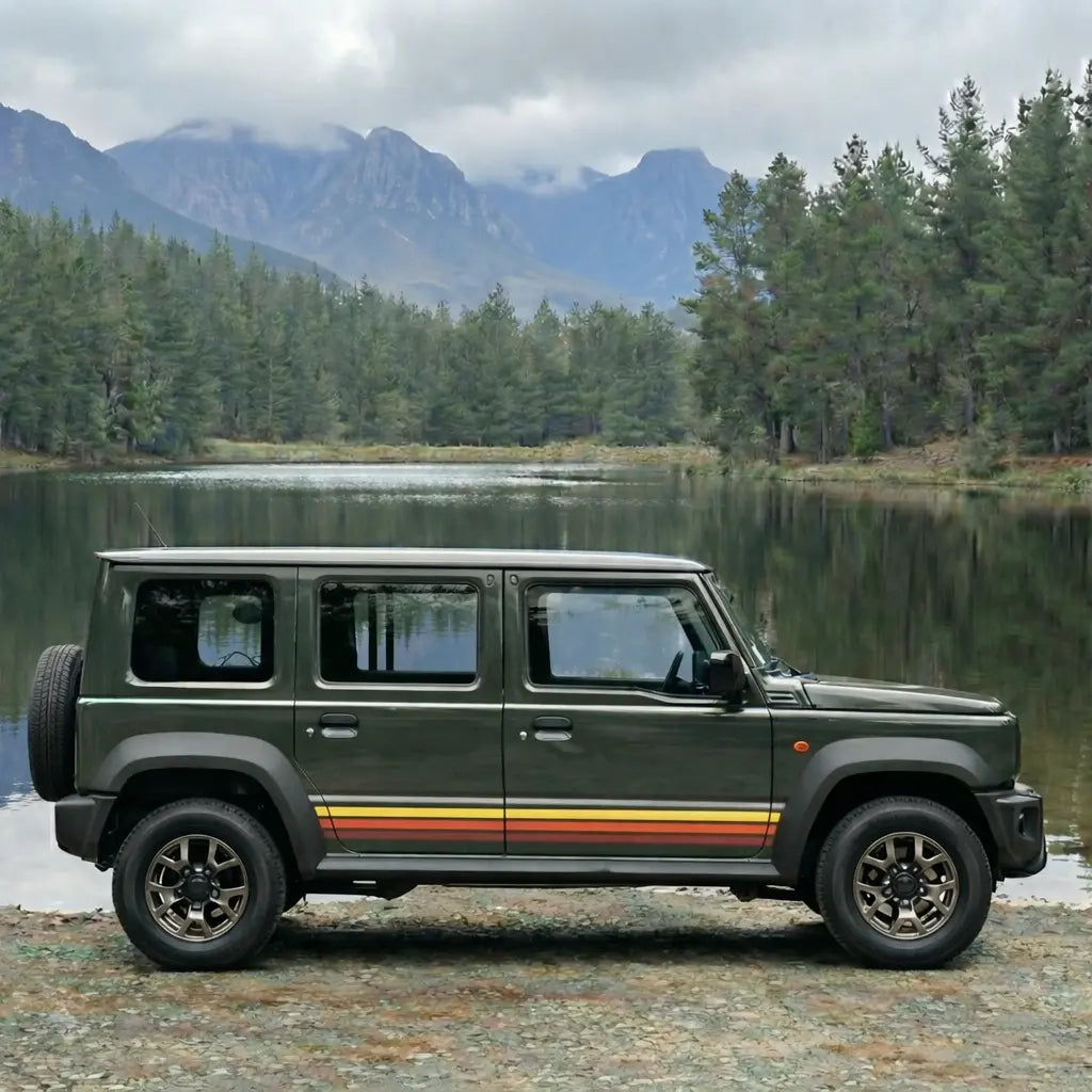 Retro Seitenstreifen Set für Suzuki Jimny JB74 – Sunset Design Gelb Orange Rot (3- & 5-Türer) Prakto