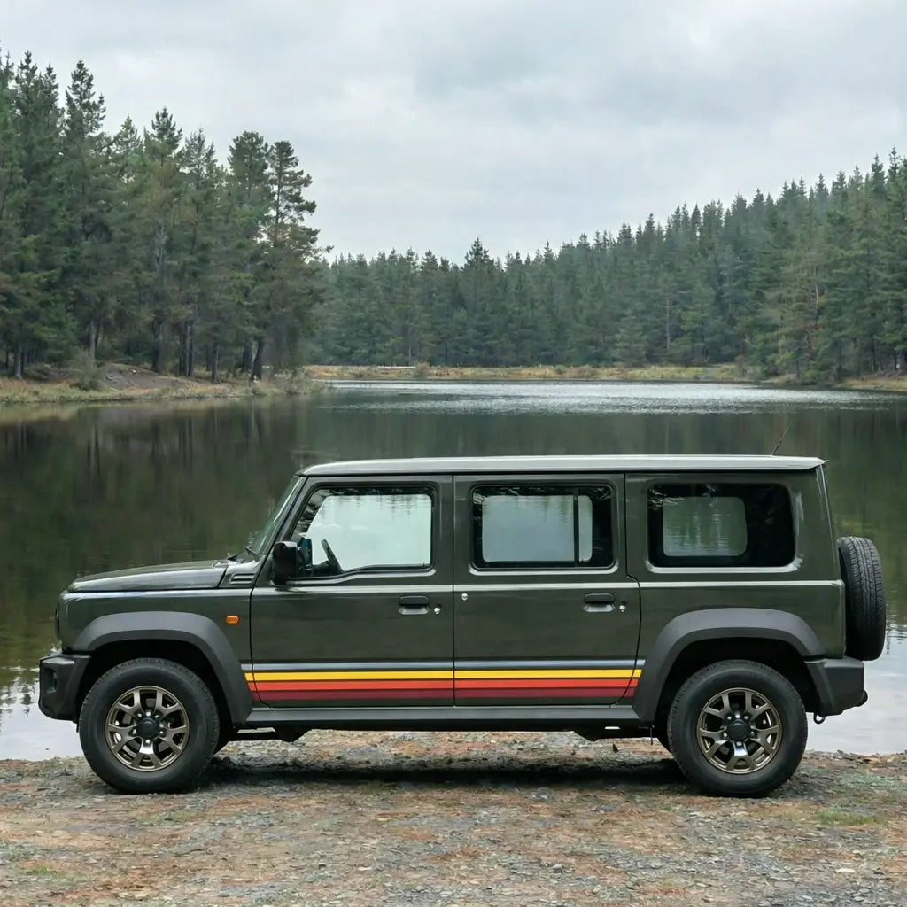 Retro Seitenstreifen Set für Suzuki Jimny JB74 – Sunset Design Gelb Orange Rot (3- & 5-Türer) Prakto