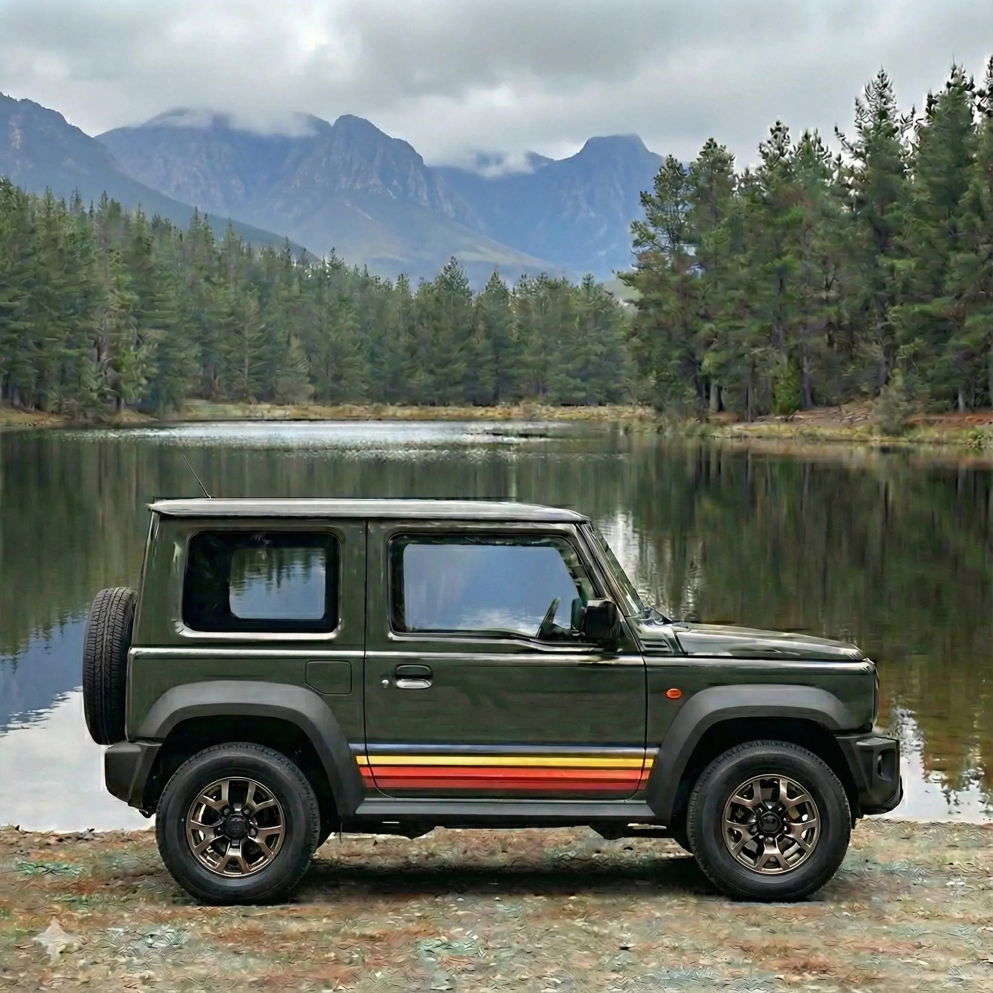 Retro Seitenstreifen Set für Suzuki Jimny JB74 – Sunset Design Gelb Orange Rot (3- & 5-Türer) Prakto