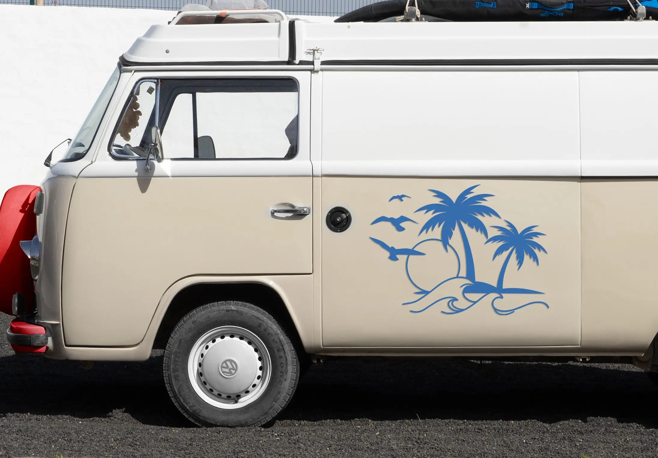 Sonne Welle Palmen Aufkleber – Camper Vanlife Decal | Surf Style Auto & Wohnmobil Sticker | Premium Vinyl Prakto