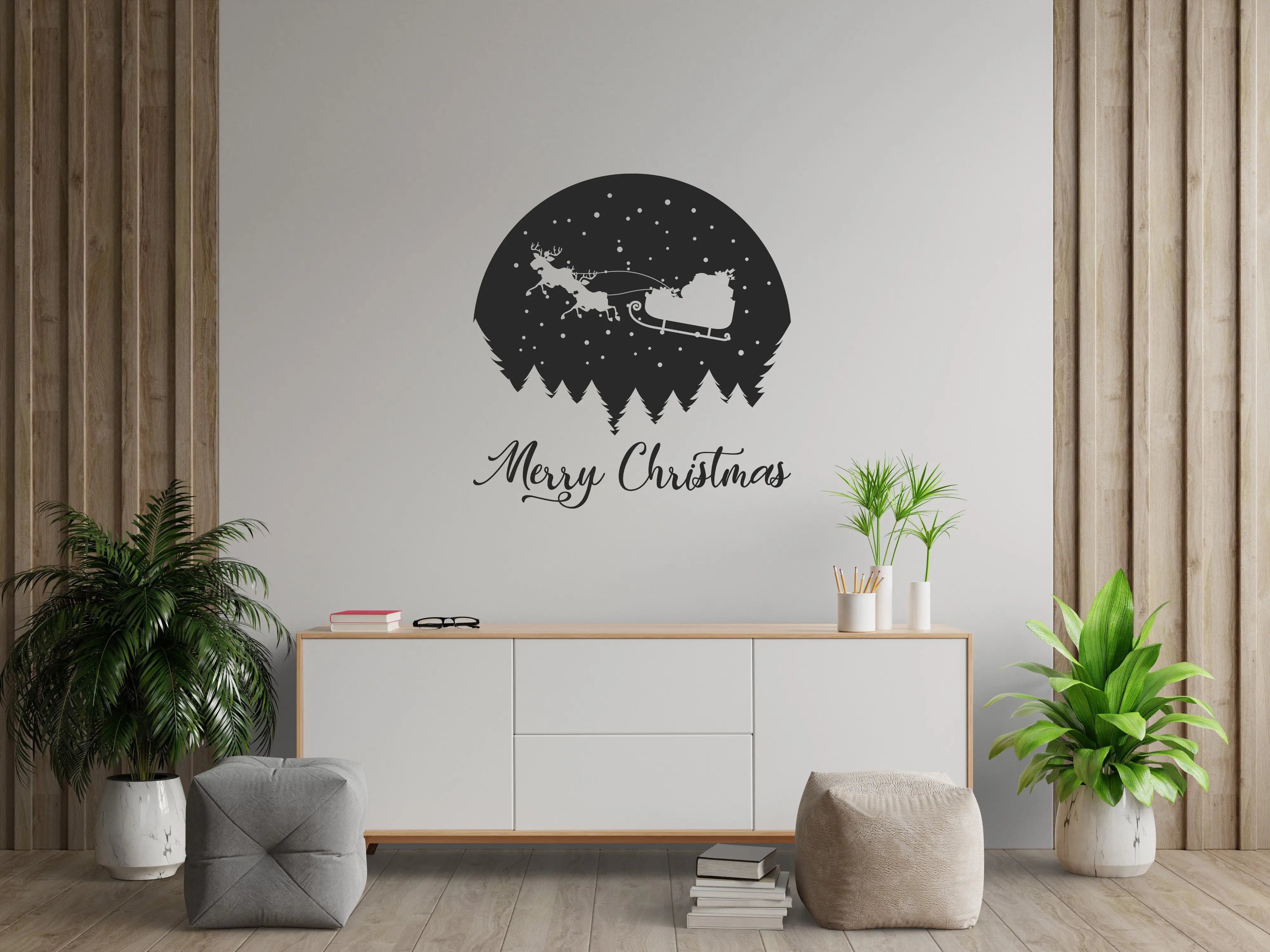 Merry Christmas Wandtattoo mit Weihnachtsmann & Schlitten – Festlicher Vinyl Aufkleber für Fenster & Wand Prakto