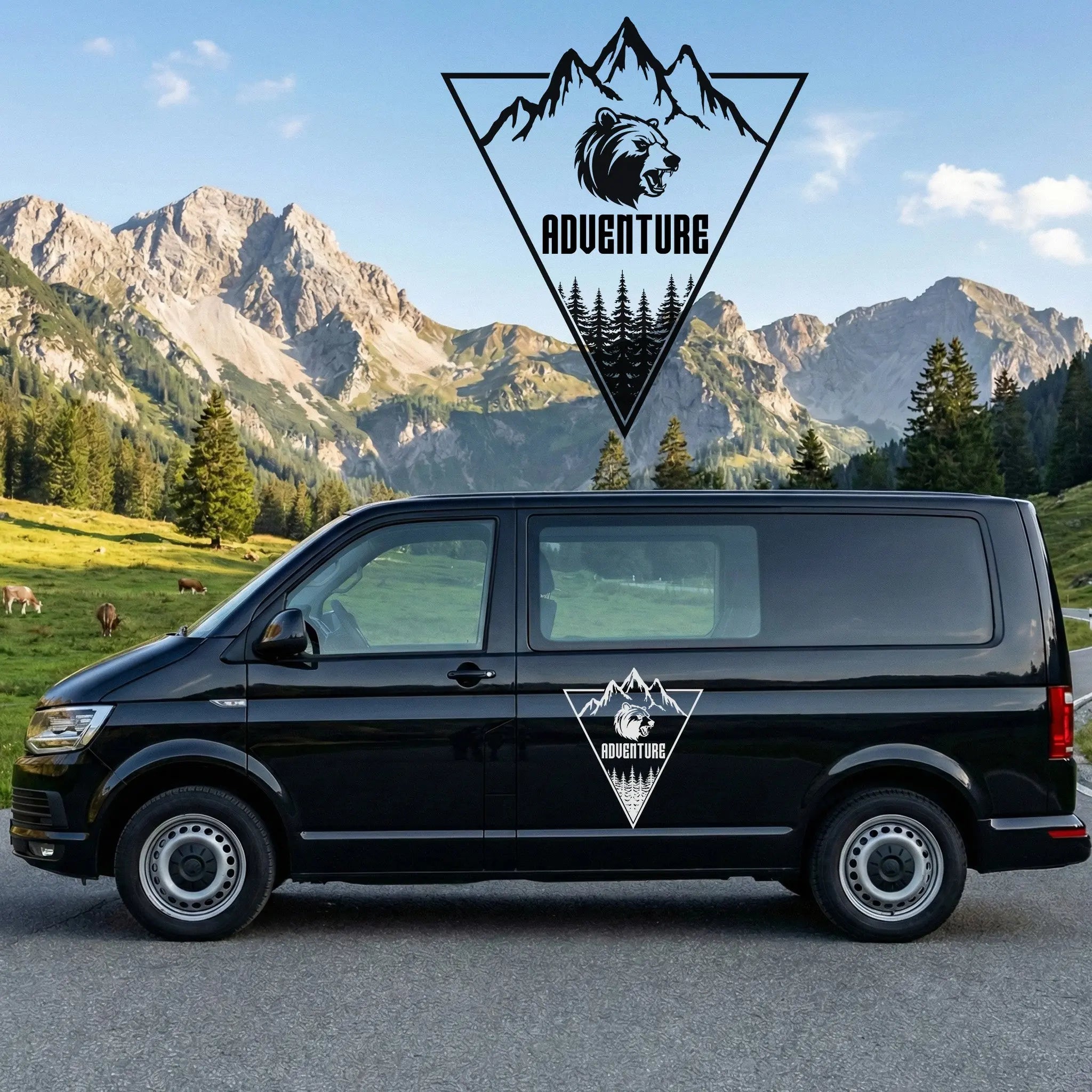 Adventure Autoaufkleber Bär Berge Wald – Camper Van & Wohnmobil Sticker – Outdoor Vinyl – Personalisiert Prakto