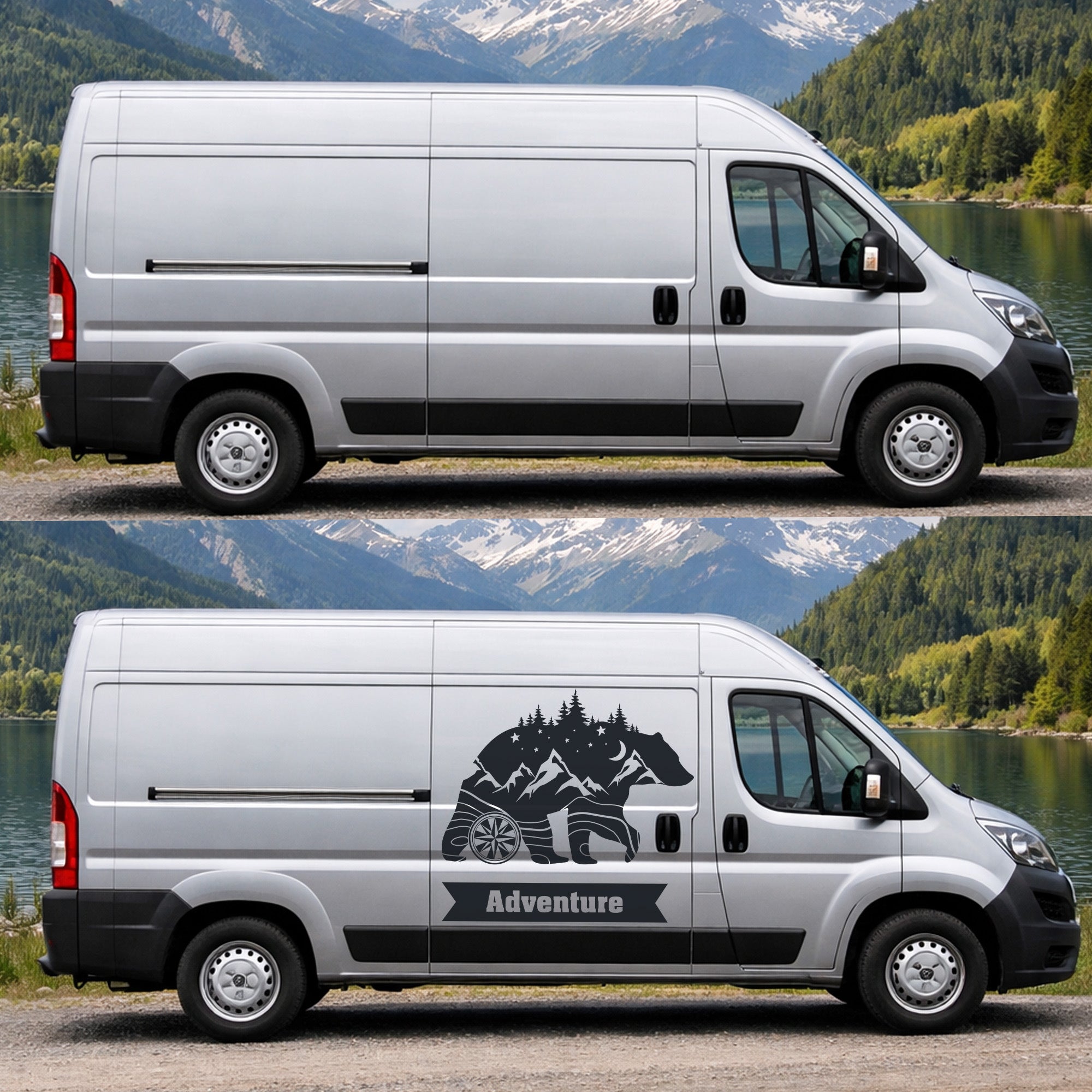Outdoor Autoaufkleber mit Bär-, Berg- und Waldmotiv inklusive personalisierbarem Bannertext – ideal für Camper, Vans und Wohnmobile.