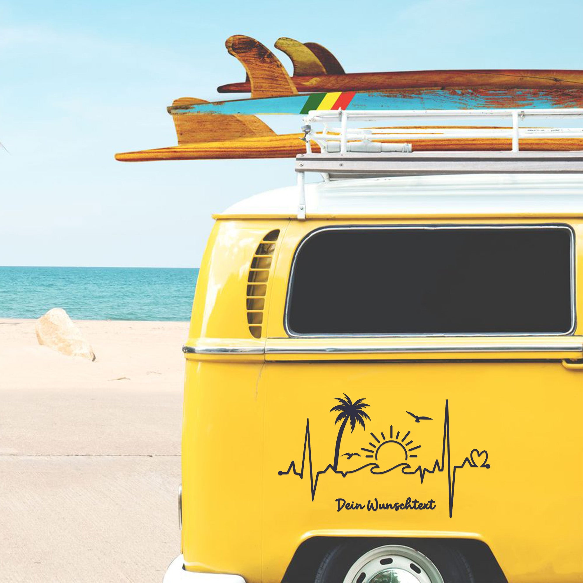 Herzschlag Palmen & Sonne Aufkleber – Personalisiert mit Wunschtext | Camper Van, Auto & Laptop Sticker | Sommer EKG Design