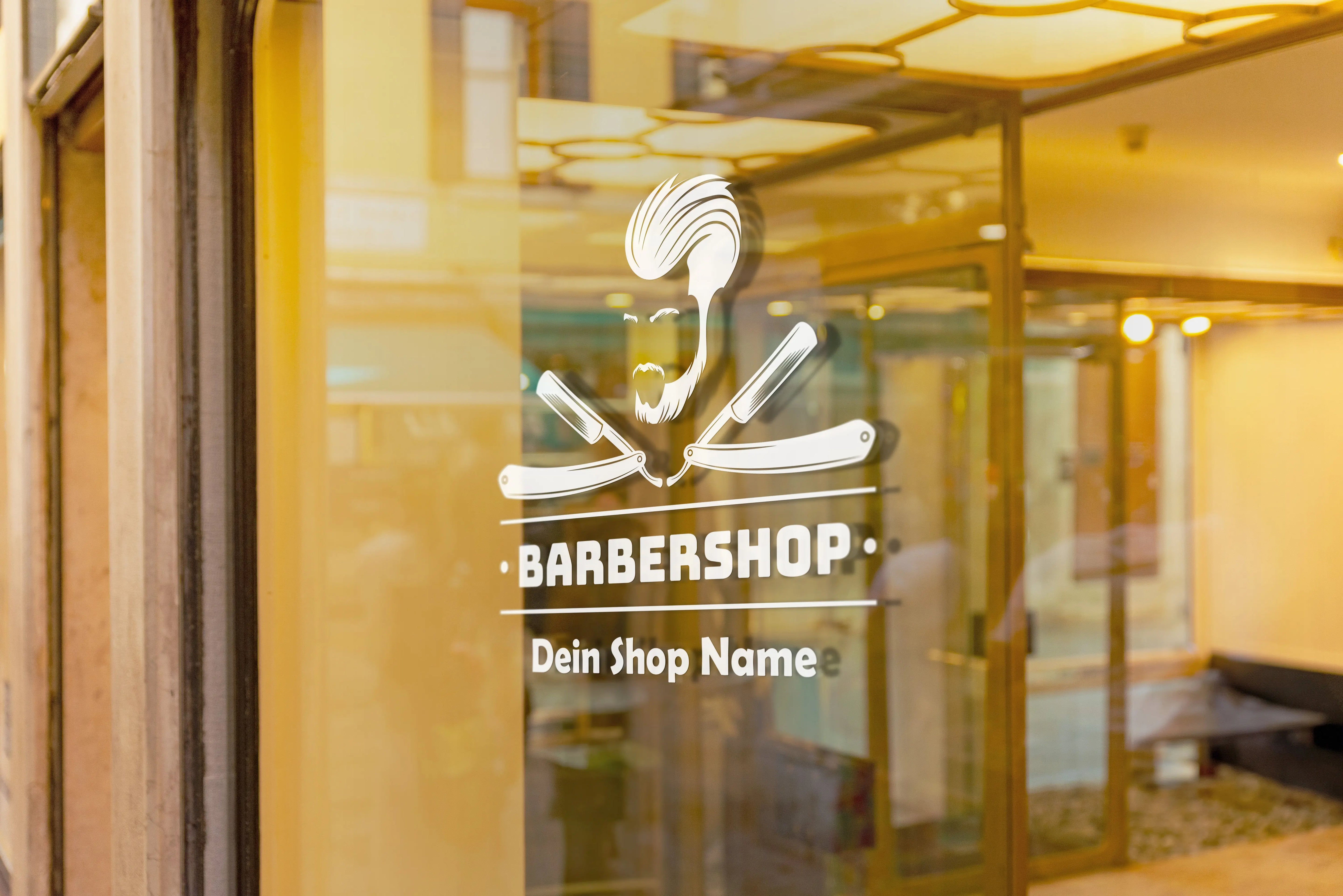 Barbershop Logo Fensterfolie mit Shopname | Personalisierter Vinyl Aufkleber für Barber & Friseursalon Prakto