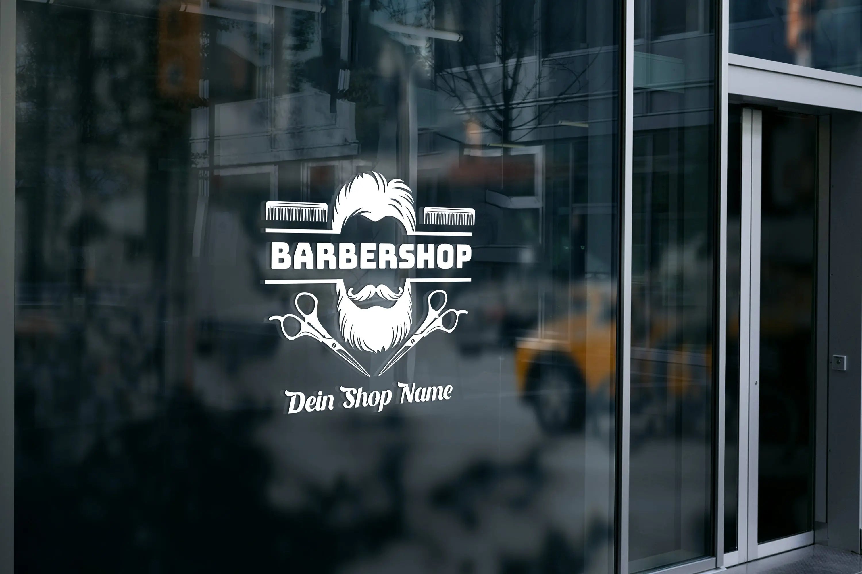 Personalisierter Barbershop Logo Aufkleber – Fensterfolie mit Wunschname aus Vinyl Prakto