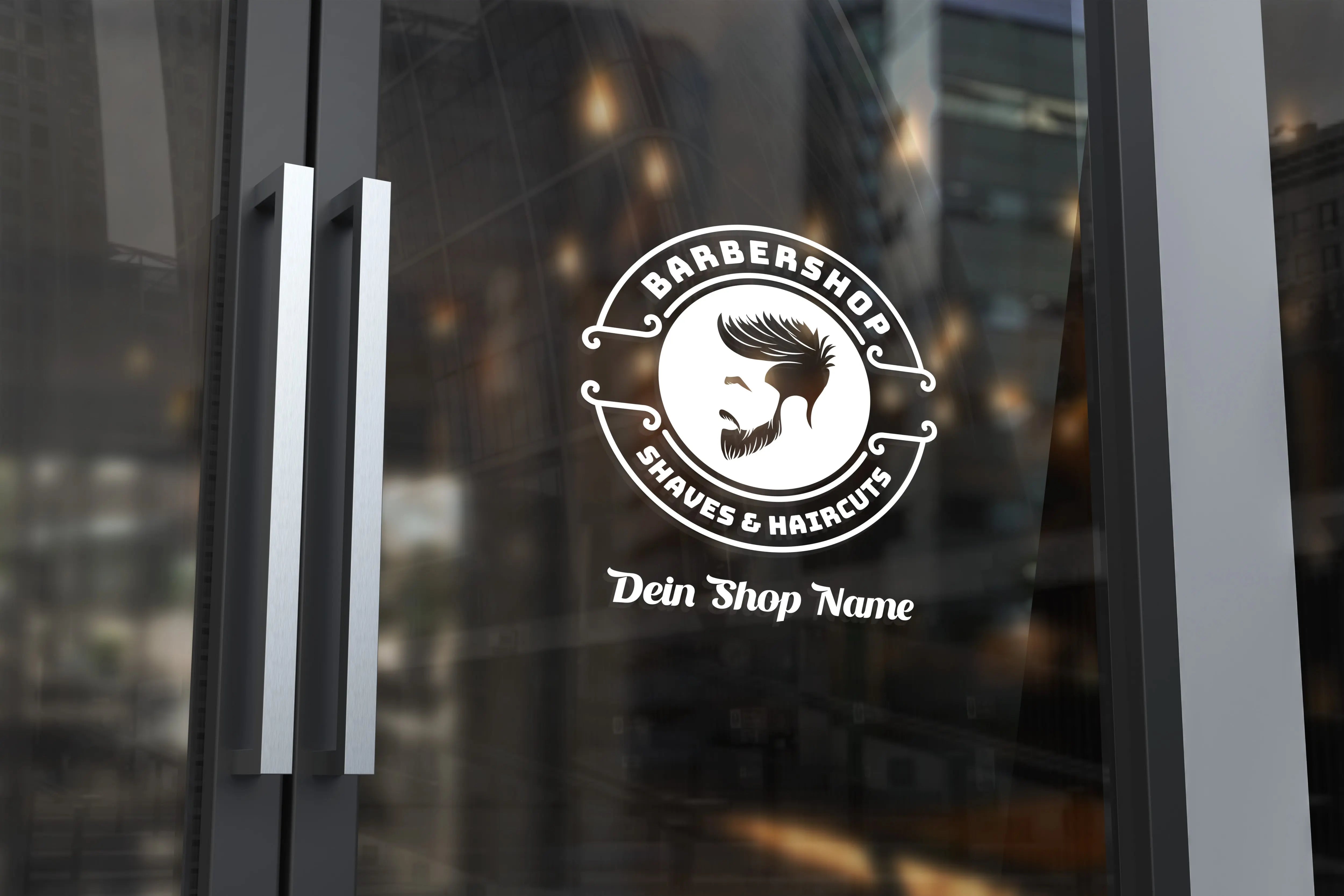 Barbershop Logo Fensterfolie „Shaves & Haircuts“ | Personalisierter Vinyl Aufkleber mit Shopname Prakto
