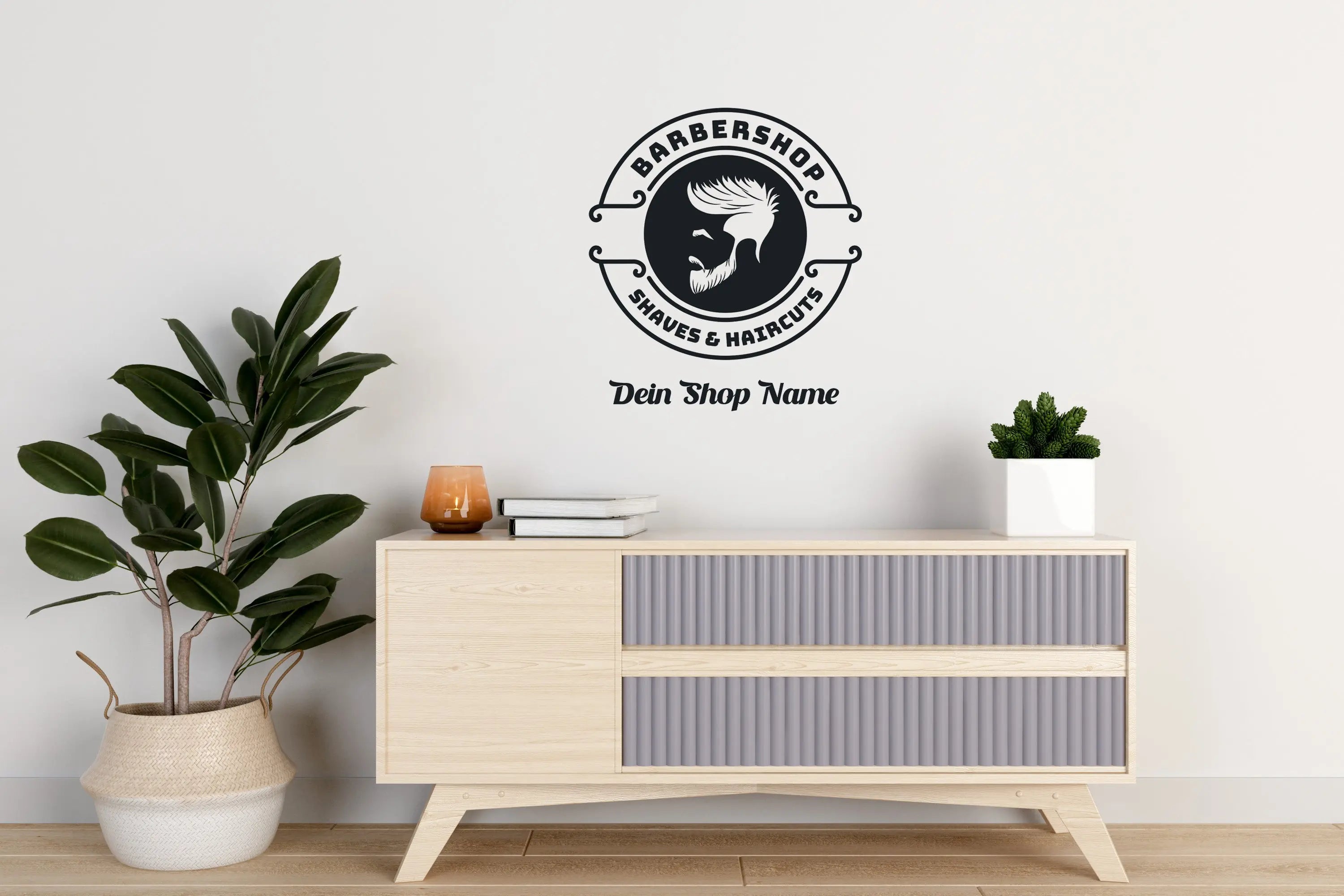 Barbershop Logo Fensterfolie „Shaves & Haircuts“ | Personalisierter Vinyl Aufkleber mit Shopname Prakto