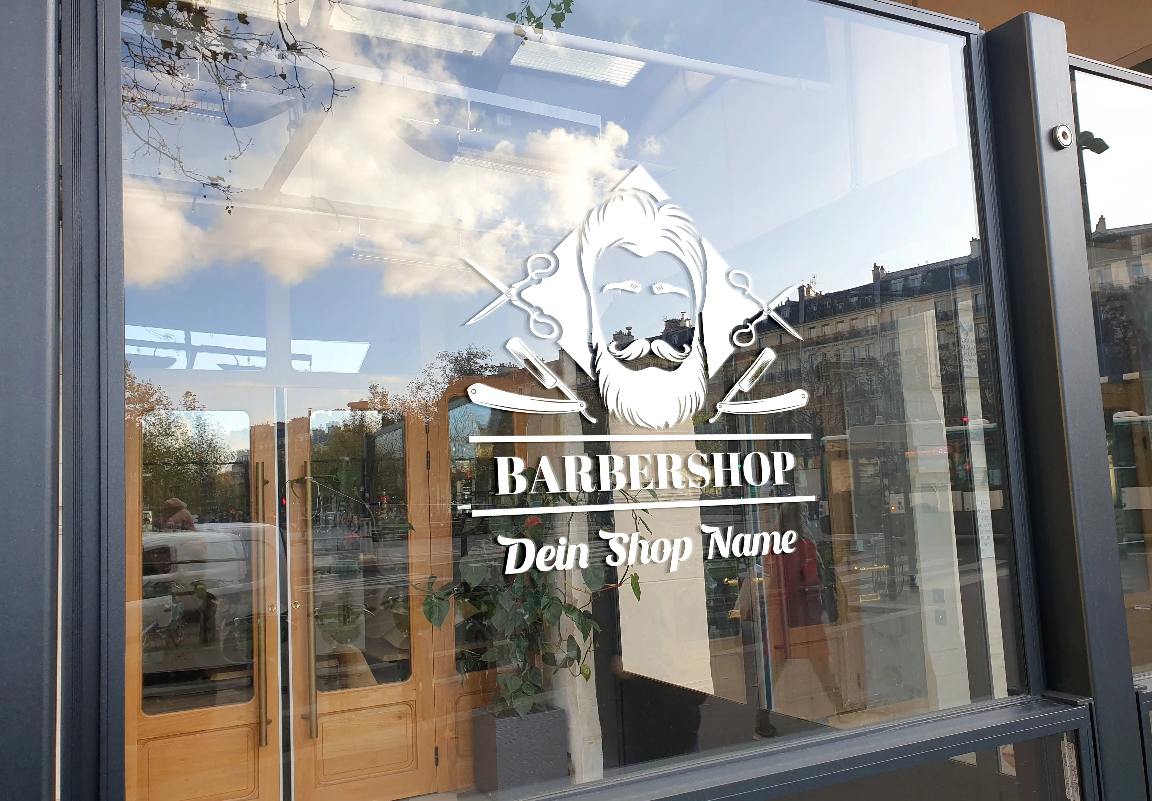 Barbershop Logo Vinyl Aufkleber – Personalisierbar für Schaufenster, Auto & Wand | Konturgeschnitten | Made in Schweiz Prakto