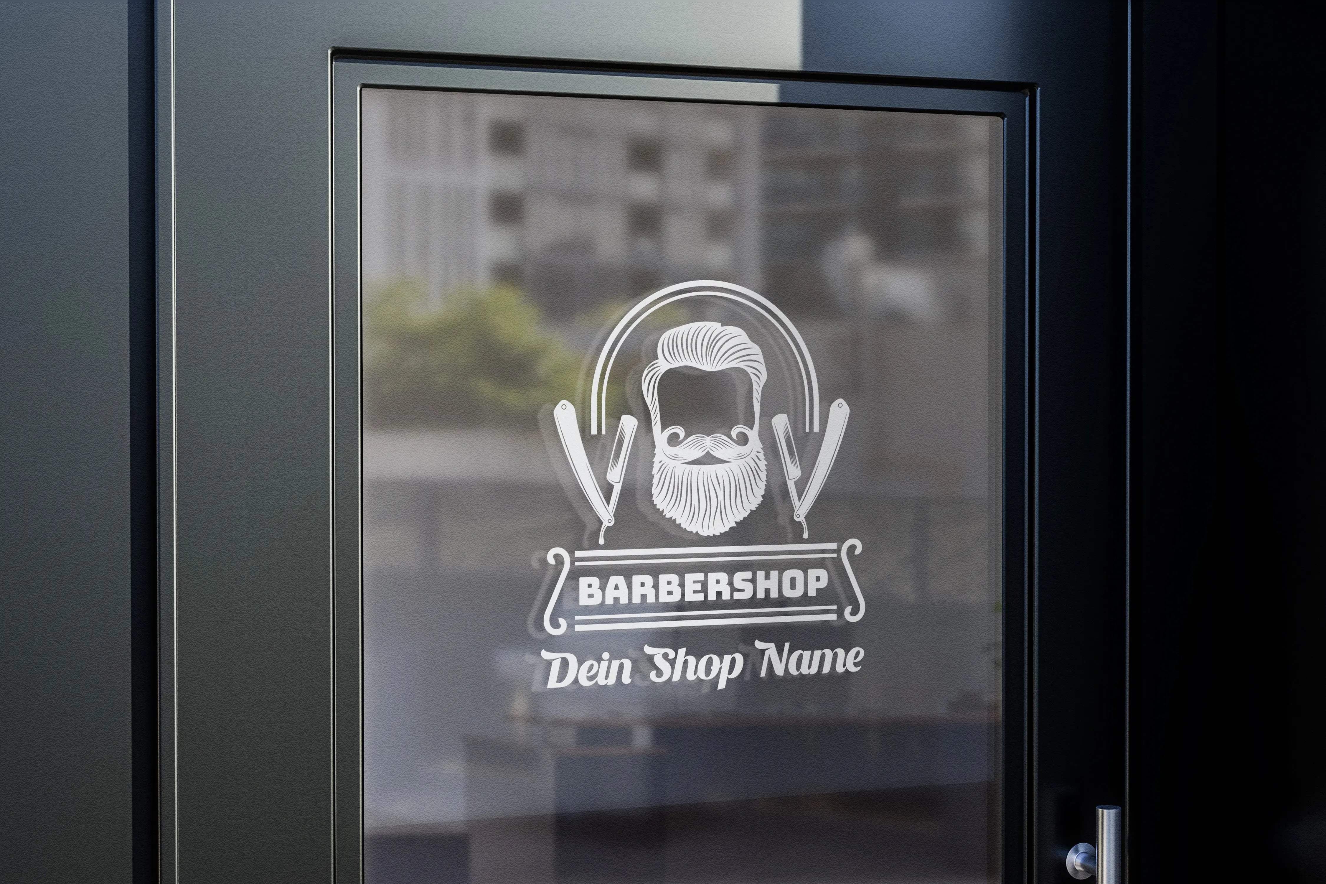 Barbershop Logo Fensterfolie personalisiert | Vinyl Aufkleber mit Shopname für Friseur & Barber Prakto