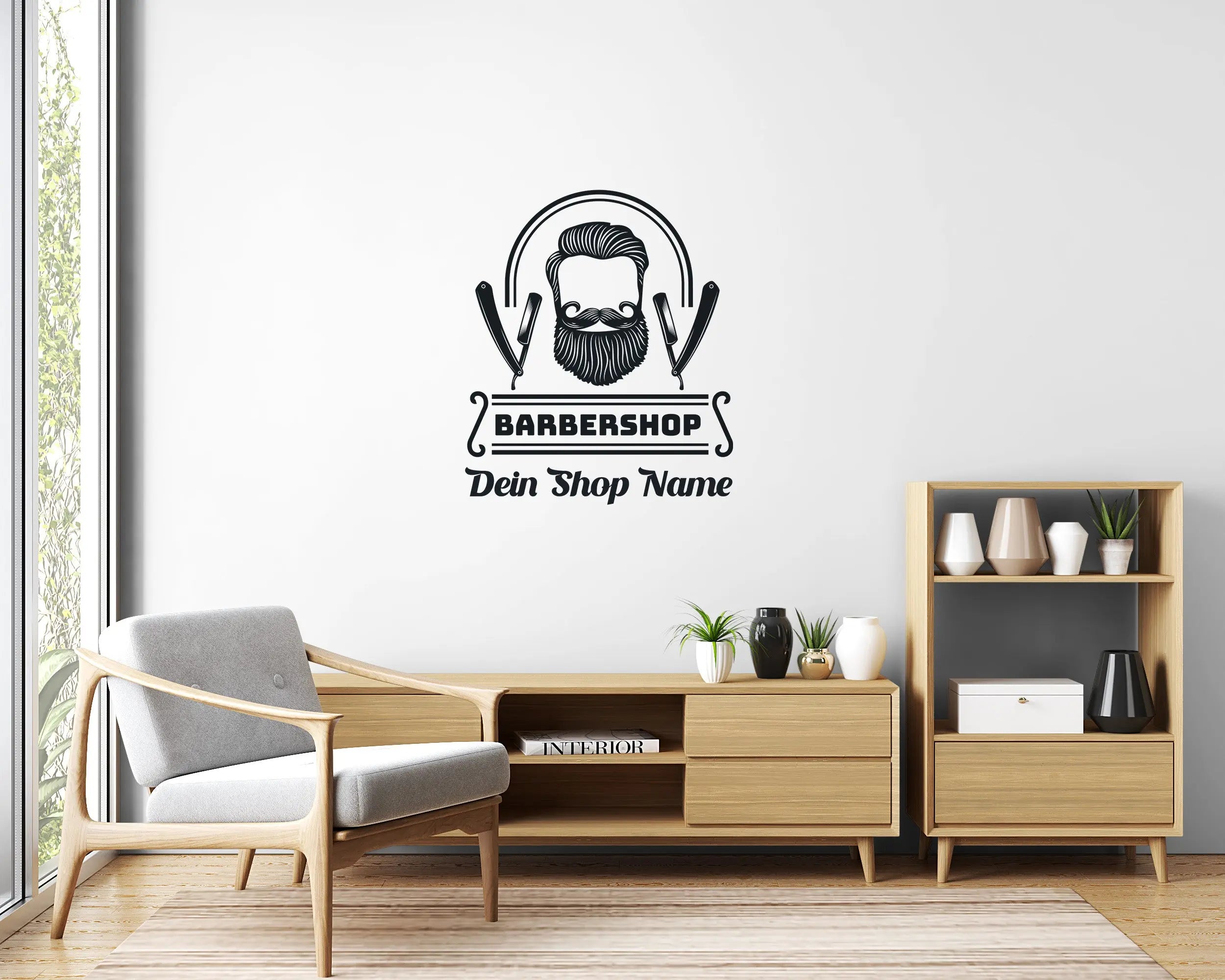 Barbershop Logo Fensterfolie personalisiert | Vinyl Aufkleber mit Shopname für Friseur & Barber Prakto