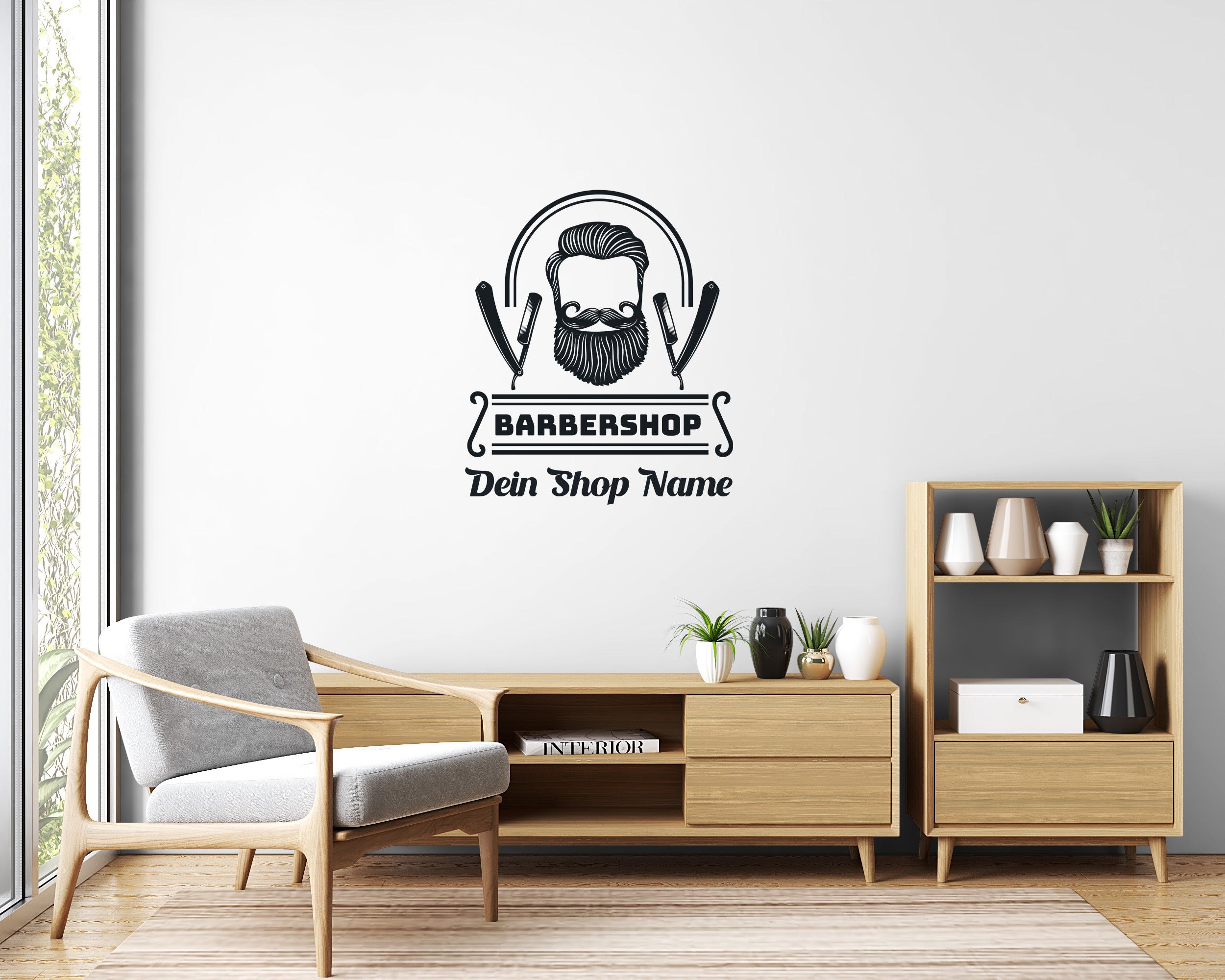 Barbershop Logo Fensterfolie personalisiert | Vinyl Aufkleber mit Shopname für Friseur & Barber