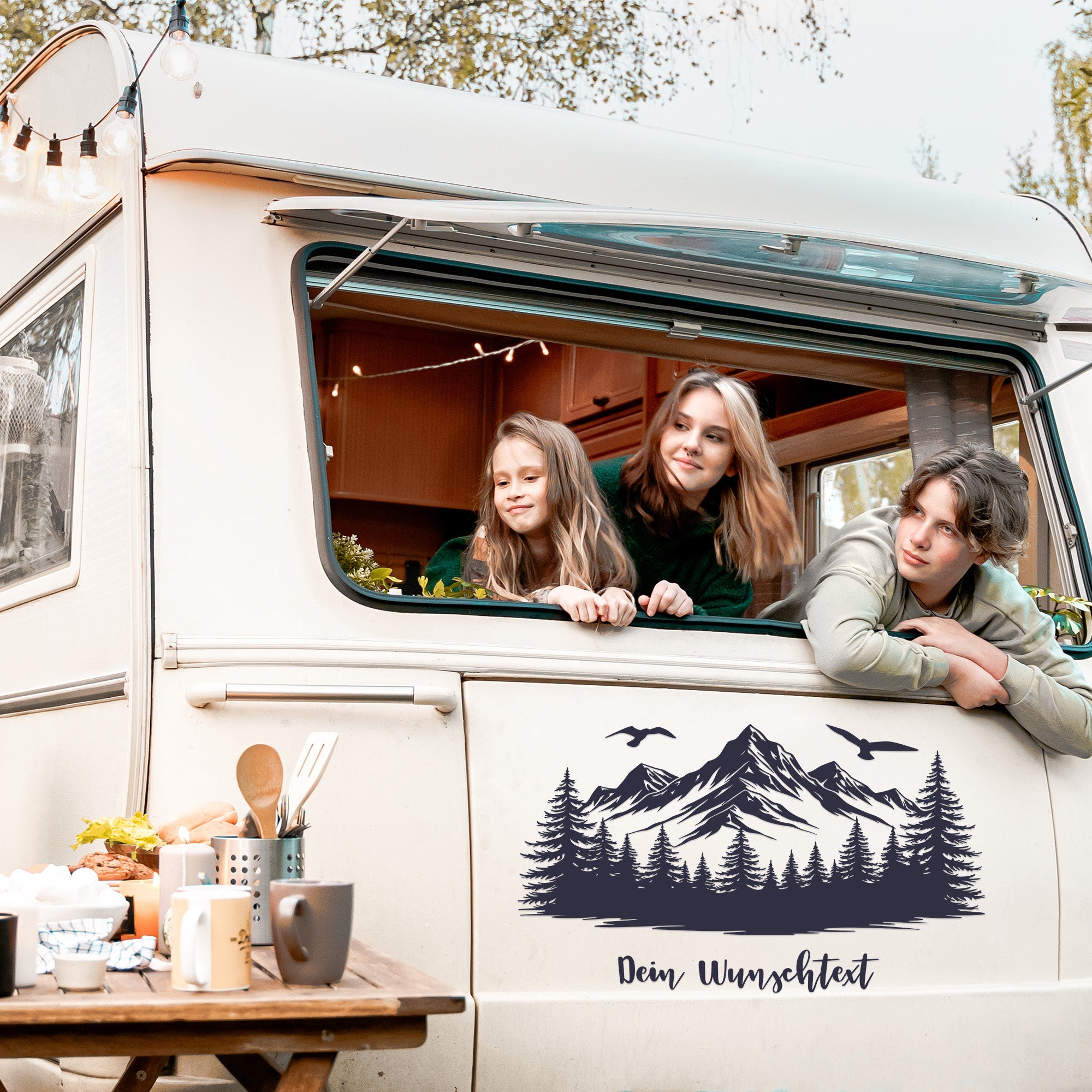 Berg & Wald Autoaufkleber – Personalisiert mit Wunschtext | Camper, Van & Wohnmobil Sticker