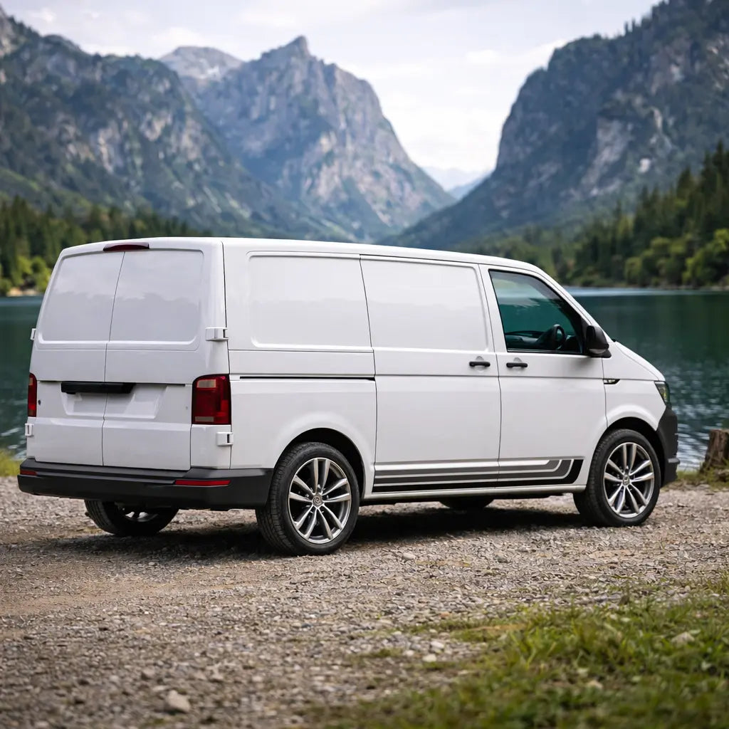 Modern Camper Van Side Stripe Decal Set (Left & Right) – Black & Grey Retro Vinyl Prakto
