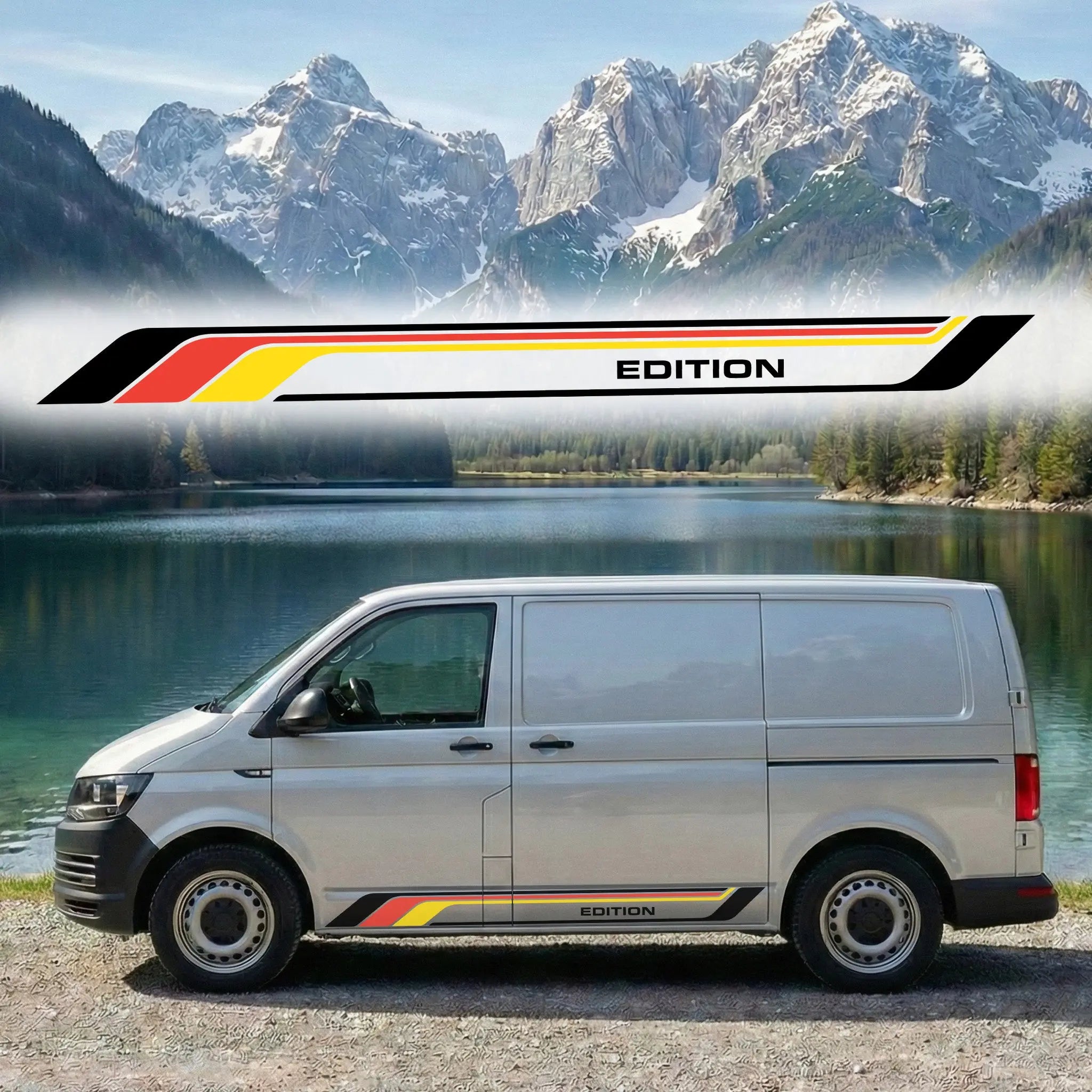 Seitenstreifen Aufkleber Set (2-teilig) „EDITION Style“ 3-Farben – Passend für T5 T6 T6.1 Van & Camper Prakto