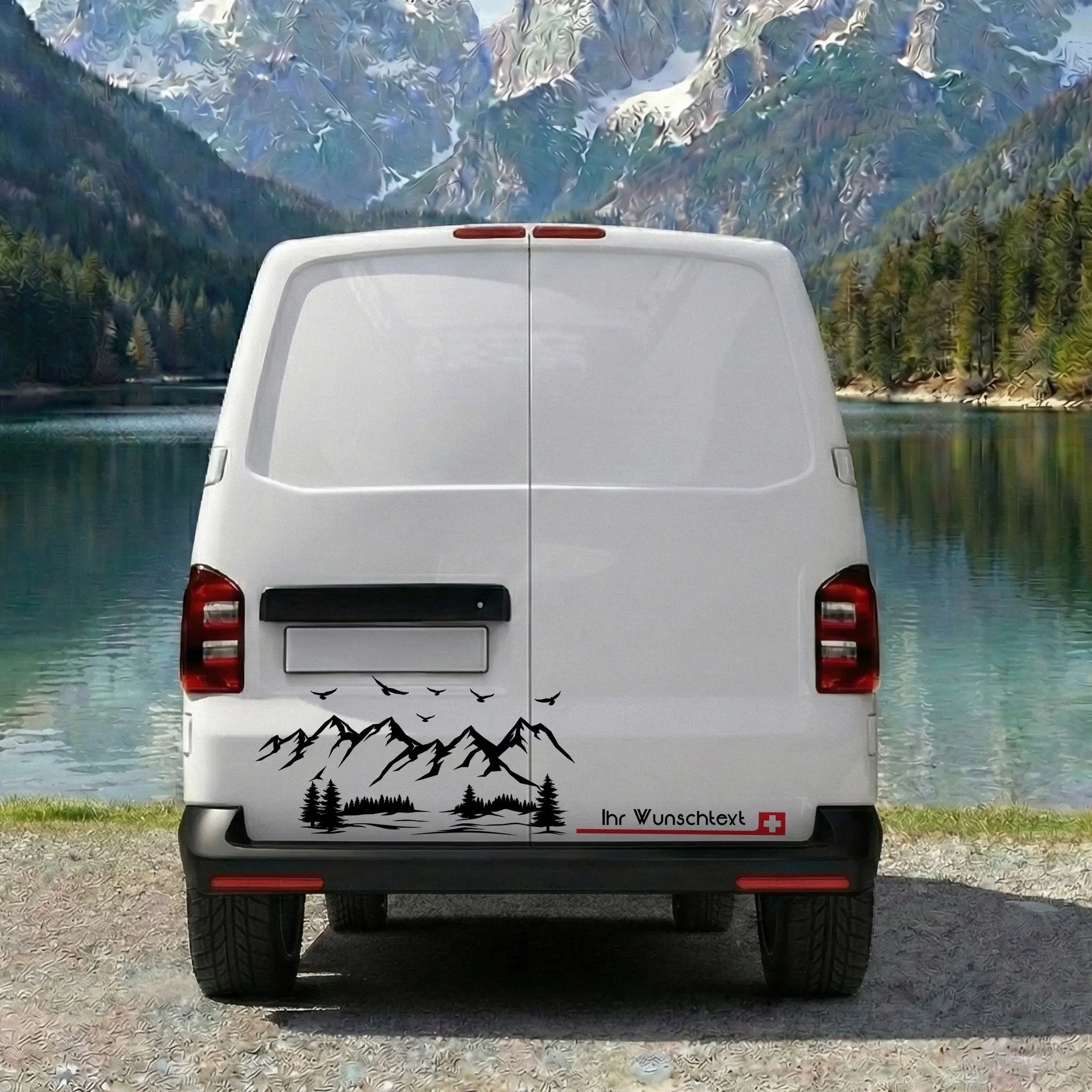 VW T5 T6 T6.1 Seitenstreifen Aufkleber Berge – Personalisiert mit Wunschtext & Flagge | Camper Van Dekor Set Prakto