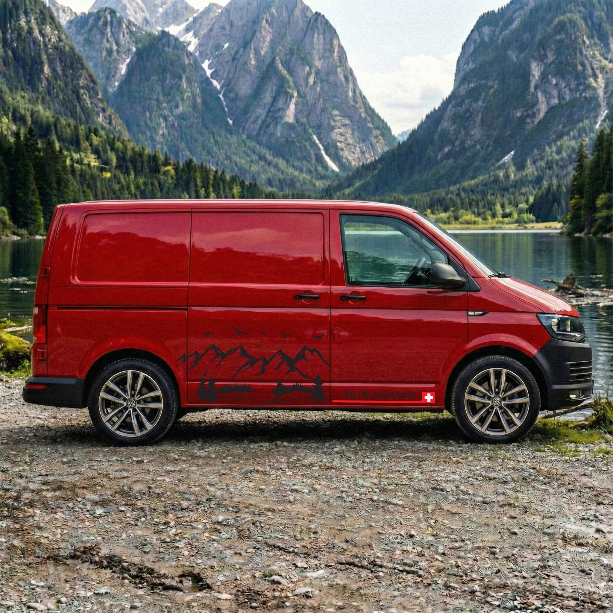 VW T5 T6 T6.1 Seitenstreifen Aufkleber Berge – Personalisiert mit Wunschtext & Flagge | Camper Van Dekor Set