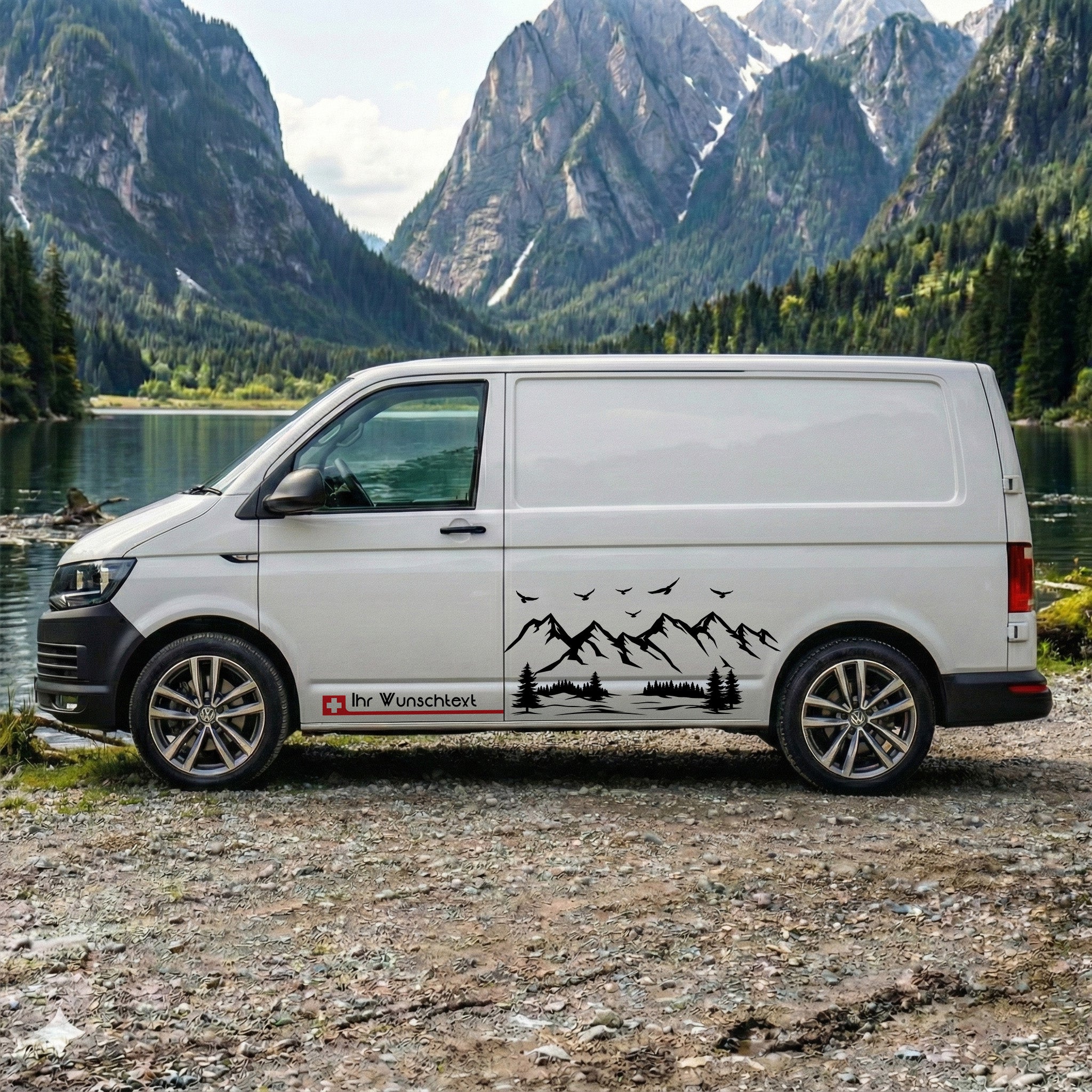 VW T5 T6 T6.1 Seitenstreifen Aufkleber Berge – Personalisiert mit Wunschtext & Flagge | Camper Van Dekor Set