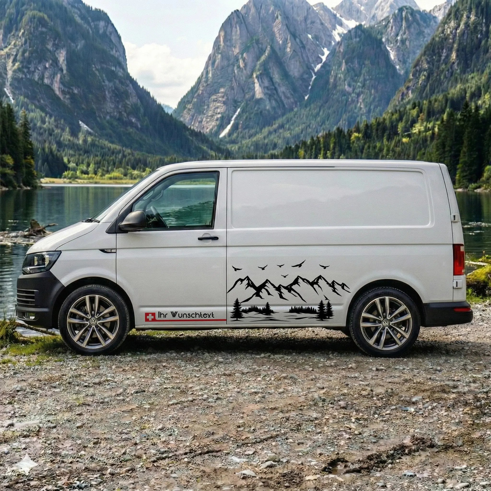 VW T5 T6 T6.1 Seitenstreifen Aufkleber Berge – Personalisiert mit Wunschtext & Flagge | Camper Van Dekor Set Prakto