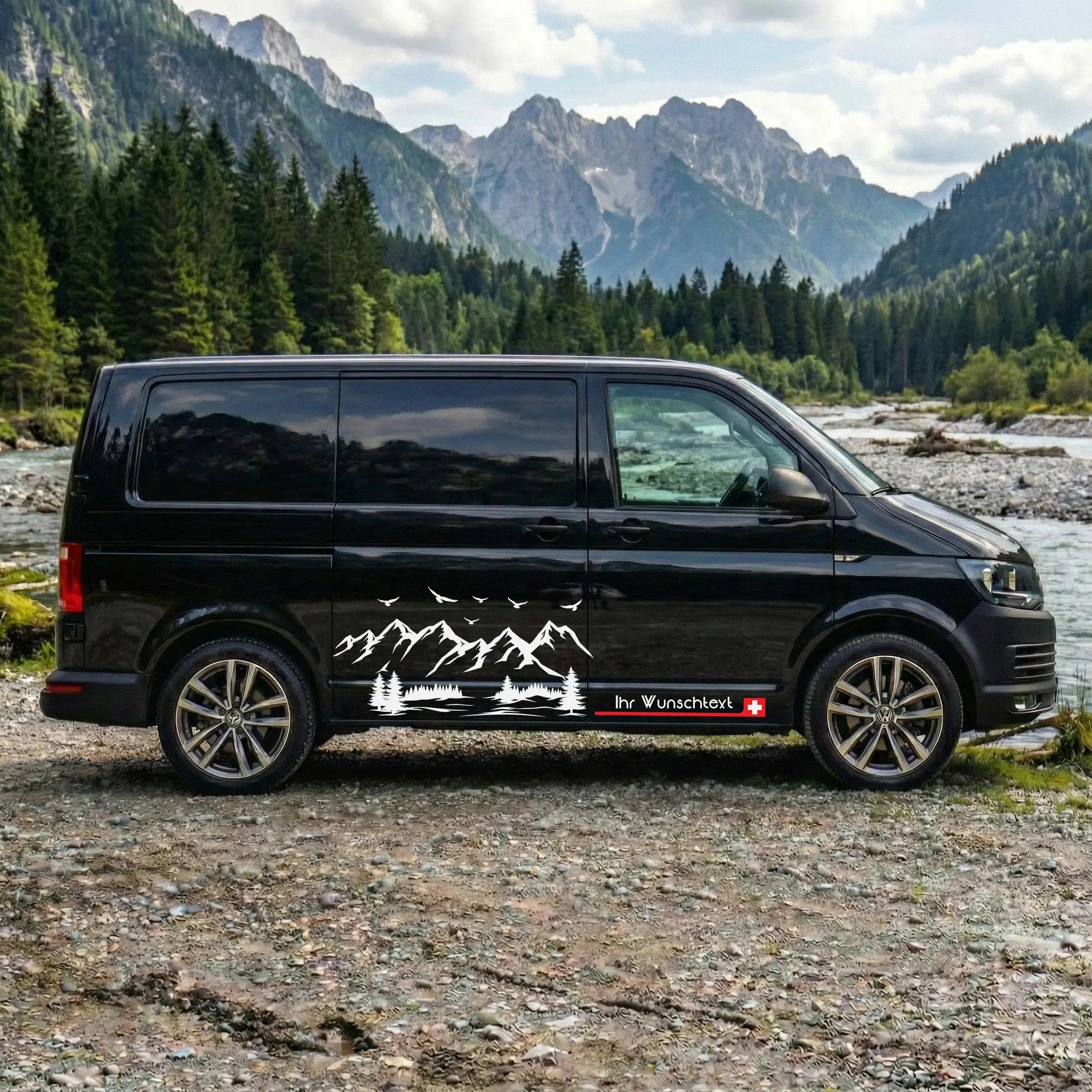VW T5 T6 T6.1 Seitenstreifen Aufkleber Berge – Personalisiert mit Wunschtext & Flagge | Camper Van Dekor Set Prakto