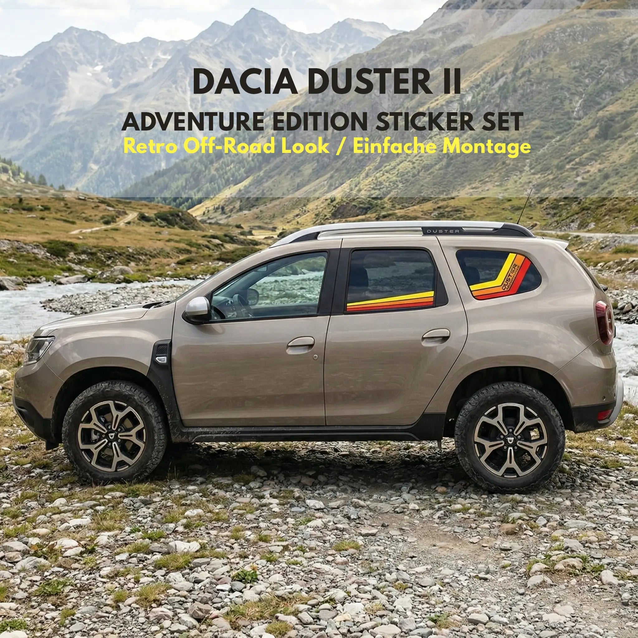 Dacia Duster II Retro Stripes Aufkleber Set – Offroad 4x4 Seitenstreifen Fenster – Premium Vinyl Prakto