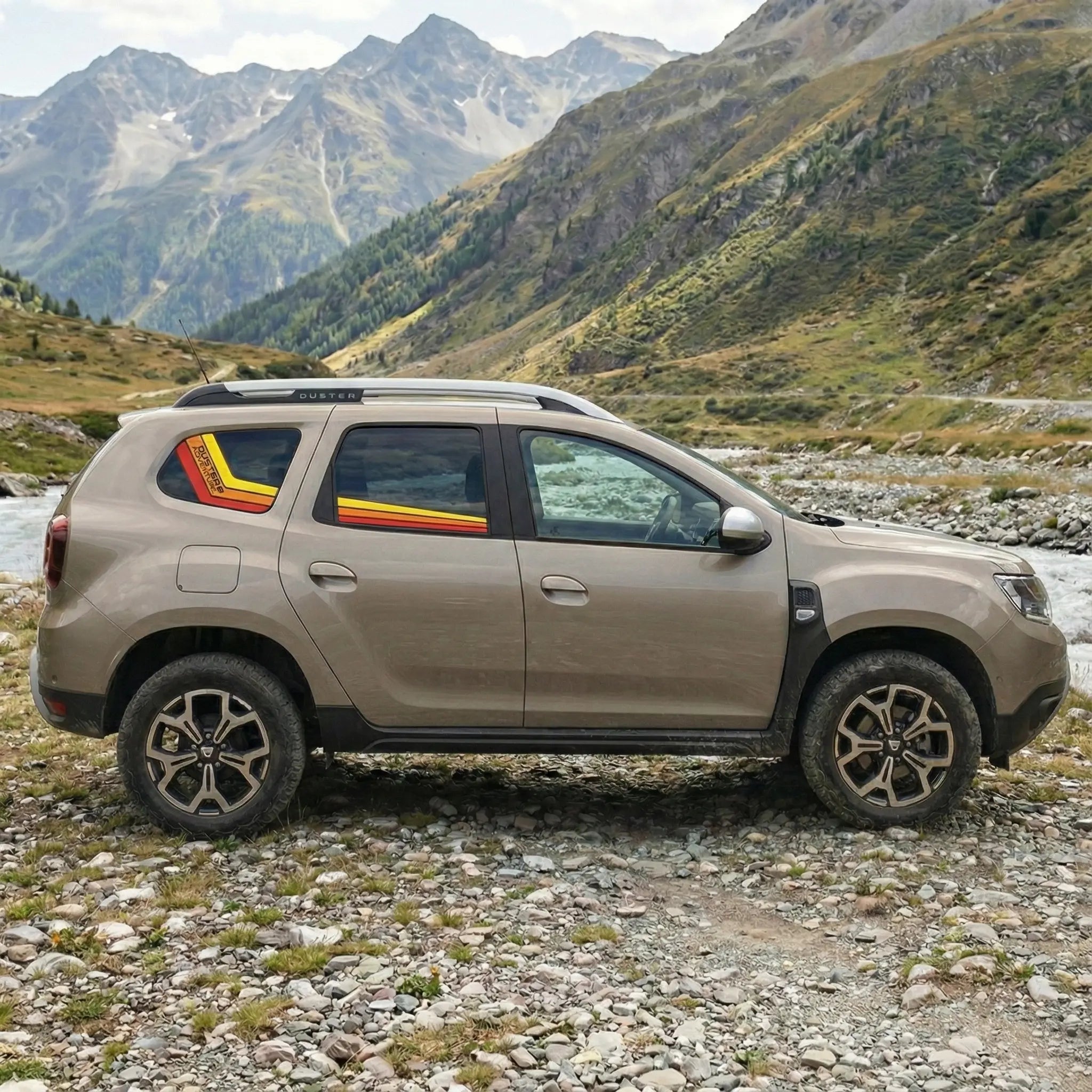 Dacia Duster II Retro Stripes Aufkleber Set – Offroad 4x4 Seitenstreifen Fenster – Premium Vinyl Prakto