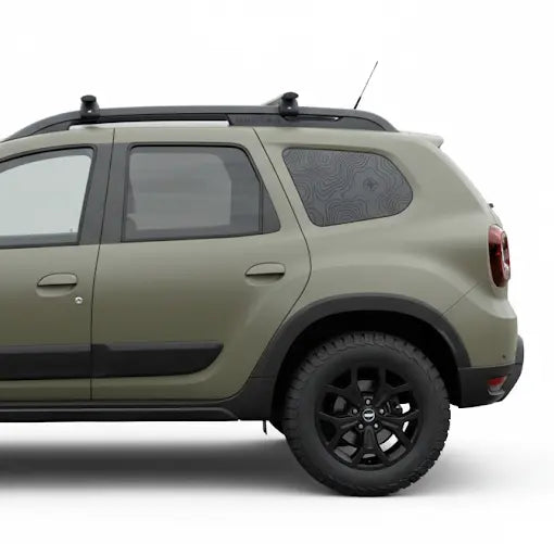 Dacia Duster II Topografische Karte Aufkleber – Matte Black Seitenfenster Set – Offroad & Tactical Look Prakto