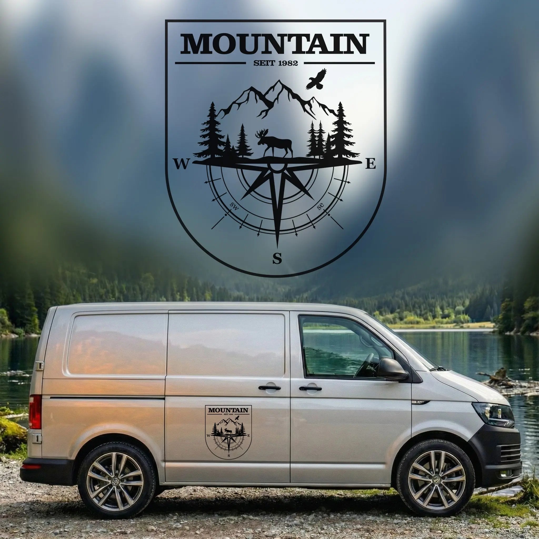 Vanlife Autoaufkleber Mountain Kompass & Hirsch – Personalisiert prakto