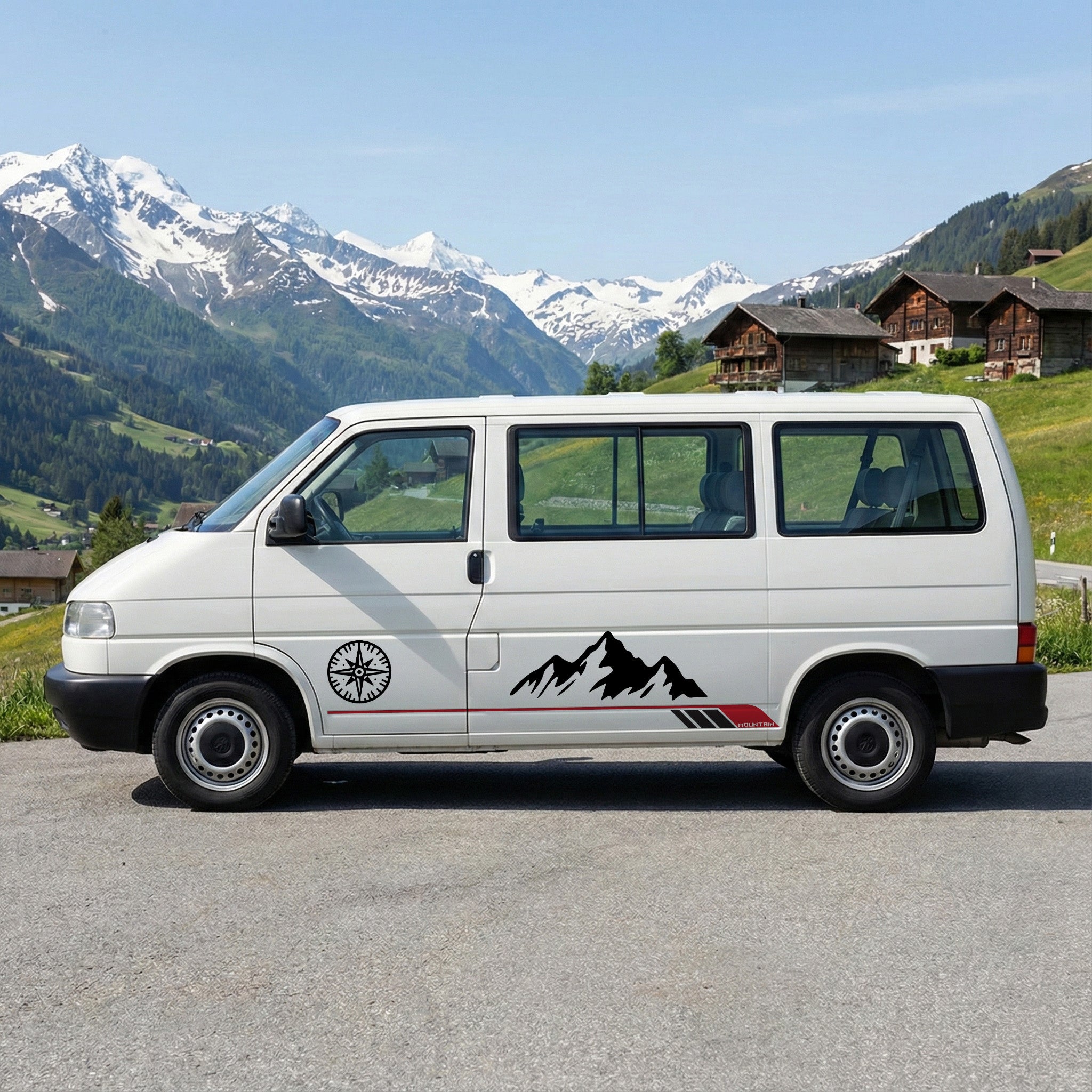 VW T4 Seitenstreifen Aufkleber Berge & Kompass – Camper Vanlife Auto Sticker personalisiert