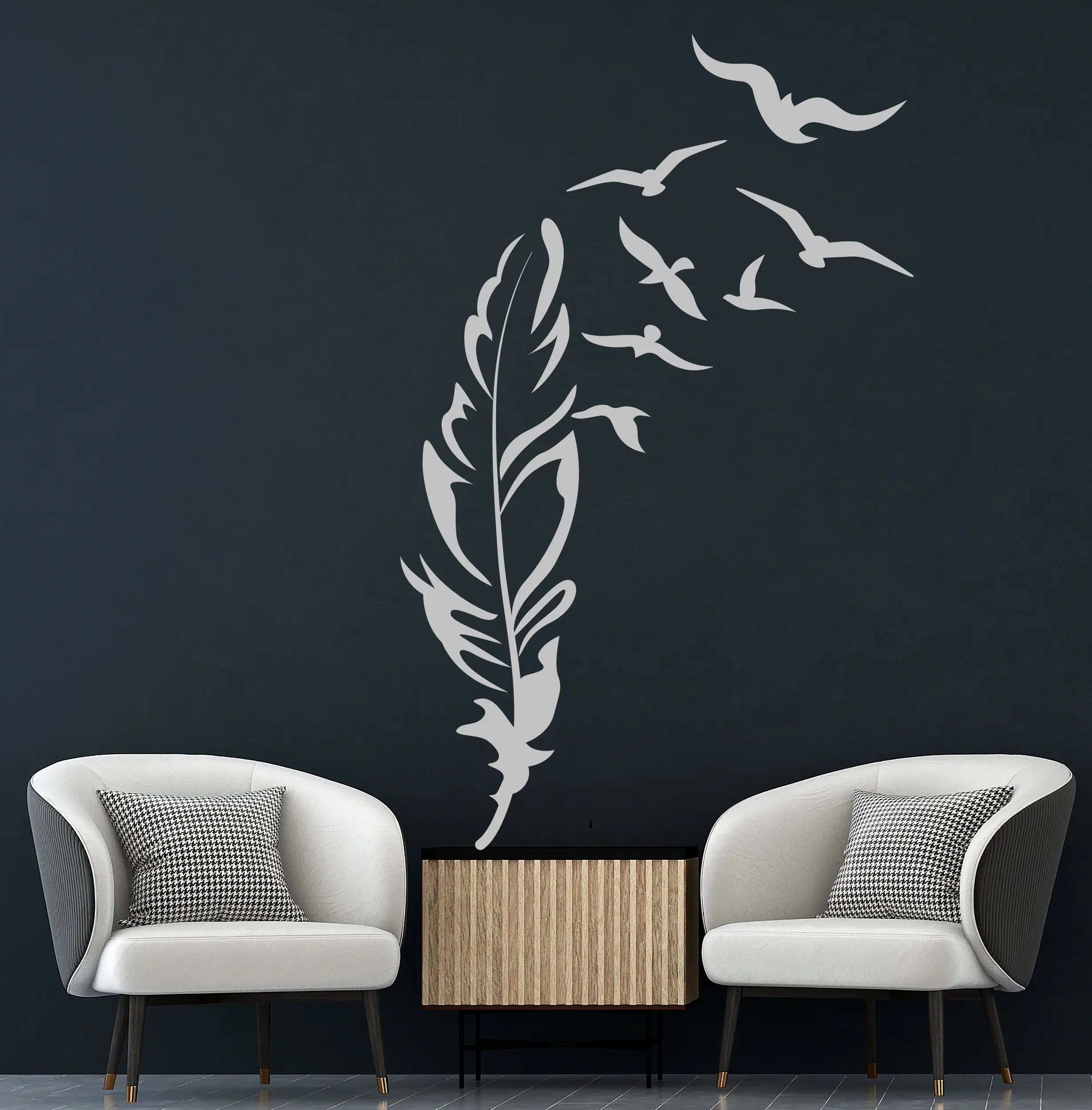 Minimalistisches Feder & Vögel Wandtattoo aus Vinyl – Moderne Wanddeko für Wohnzimmer & Schlafzimmer Prakto