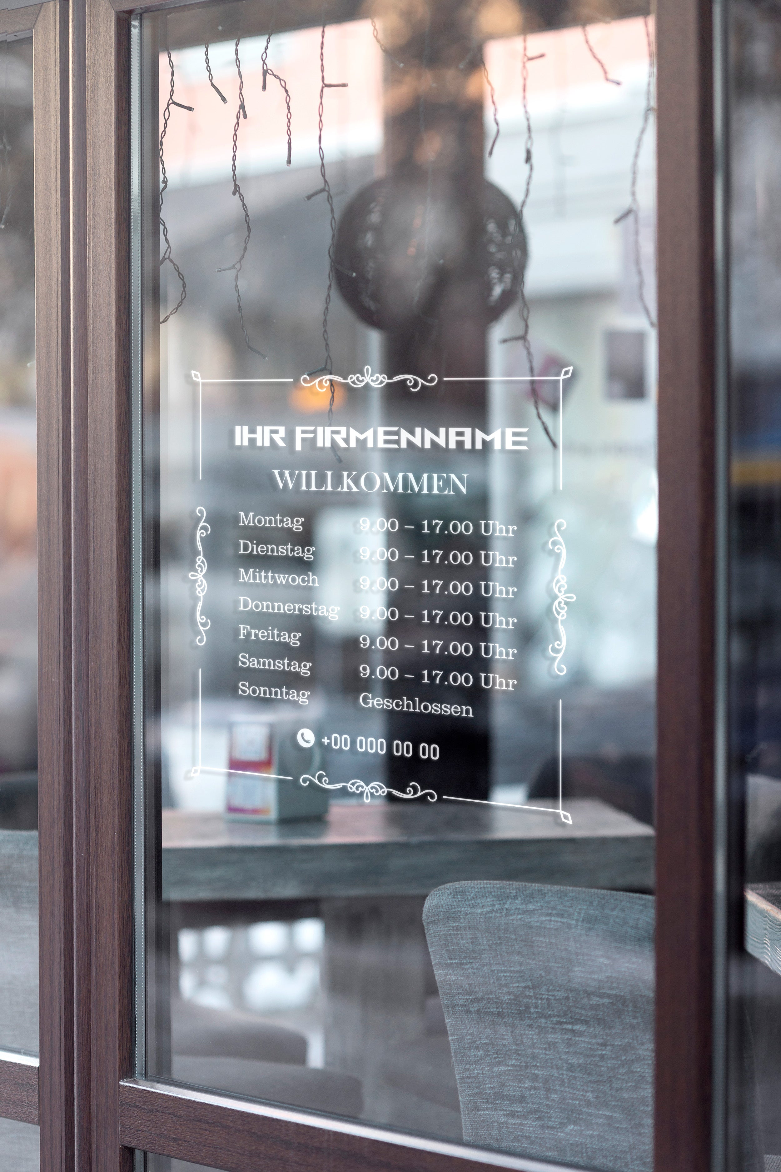Willkommen Öffnungszeiten Aufkleber mit Firmenname | Personalisierte Schaufenster Beschriftung aus Vinyl