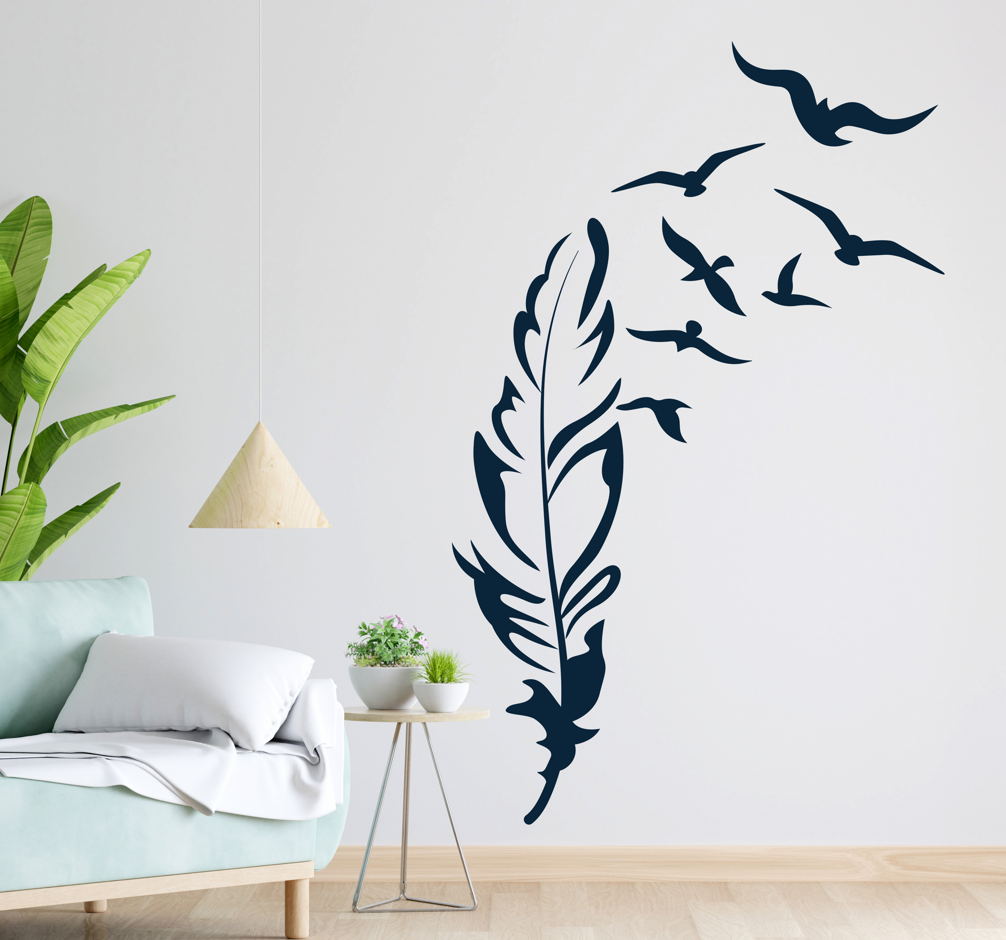 Minimalistisches Feder & Vögel Wandtattoo aus Vinyl – Moderne Wanddeko für Wohnzimmer & Schlafzimmer