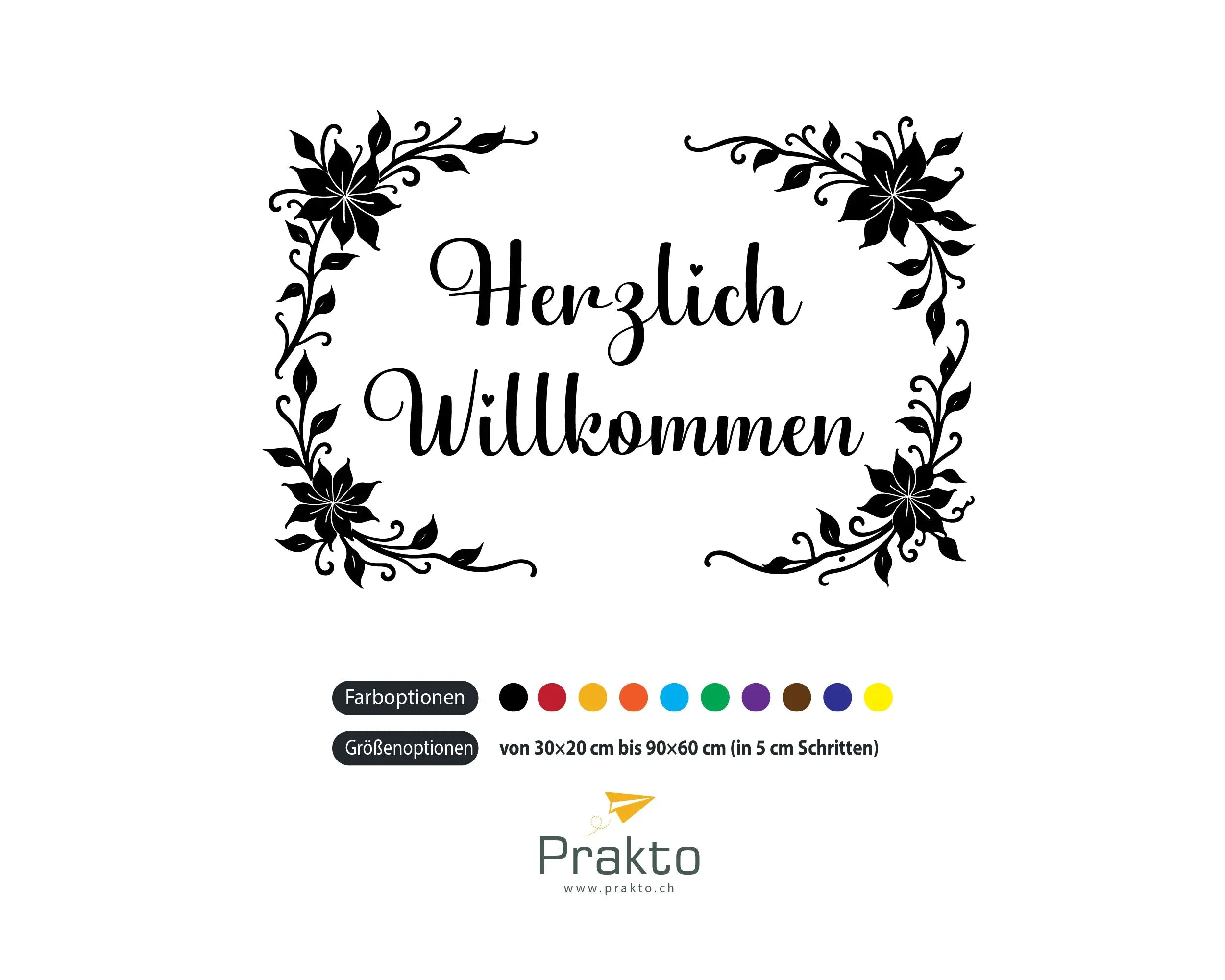 Wandtattoo "Herzlich Willkommen" mit Blumen – Floral Vinyl Aufkleber für Tür & Eingang Prakto