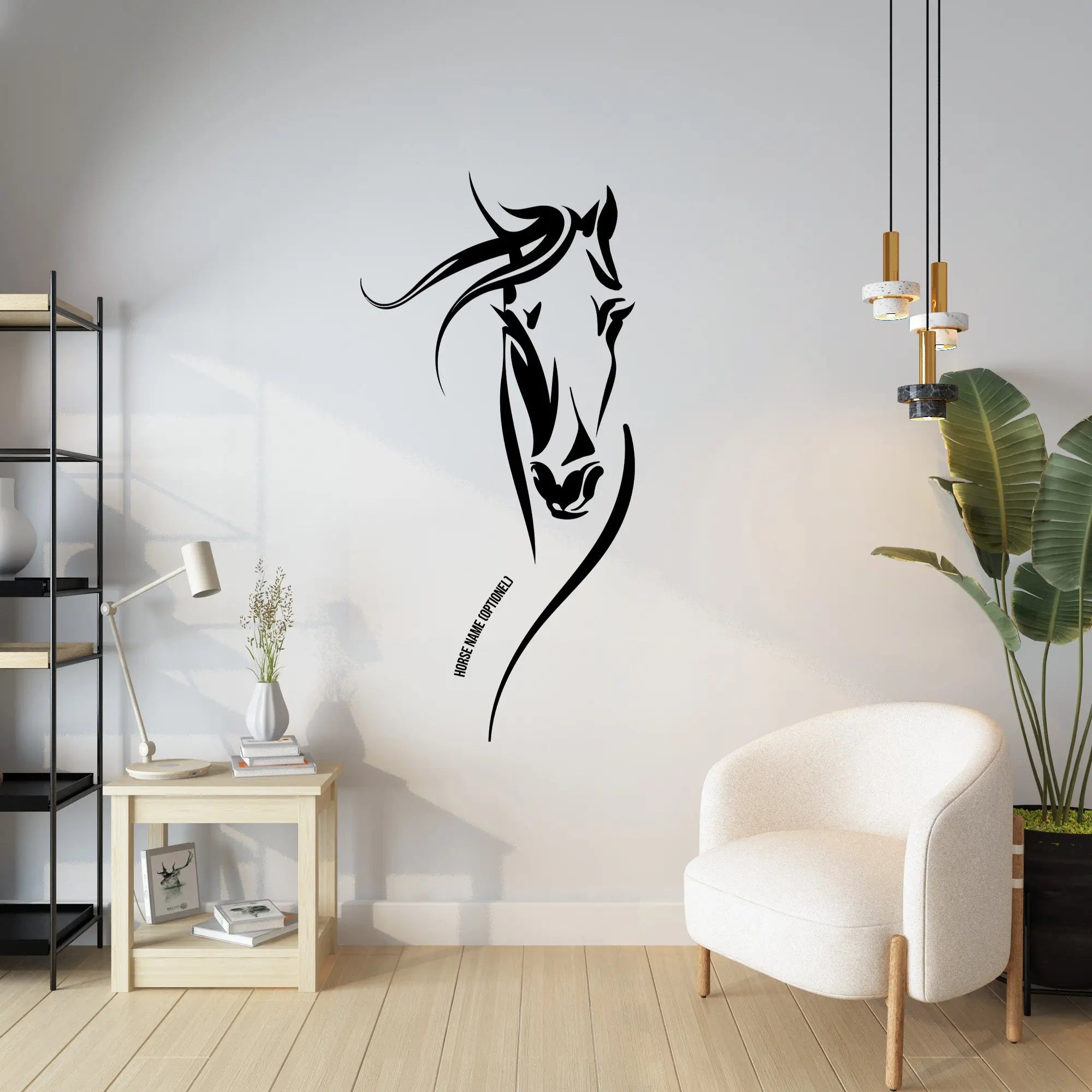 Horse Line Art Wandtattoo mit Namen – Minimalistischer Pferdekopf Vinyl Aufkleber für Wand, Stall & Auto Prakto