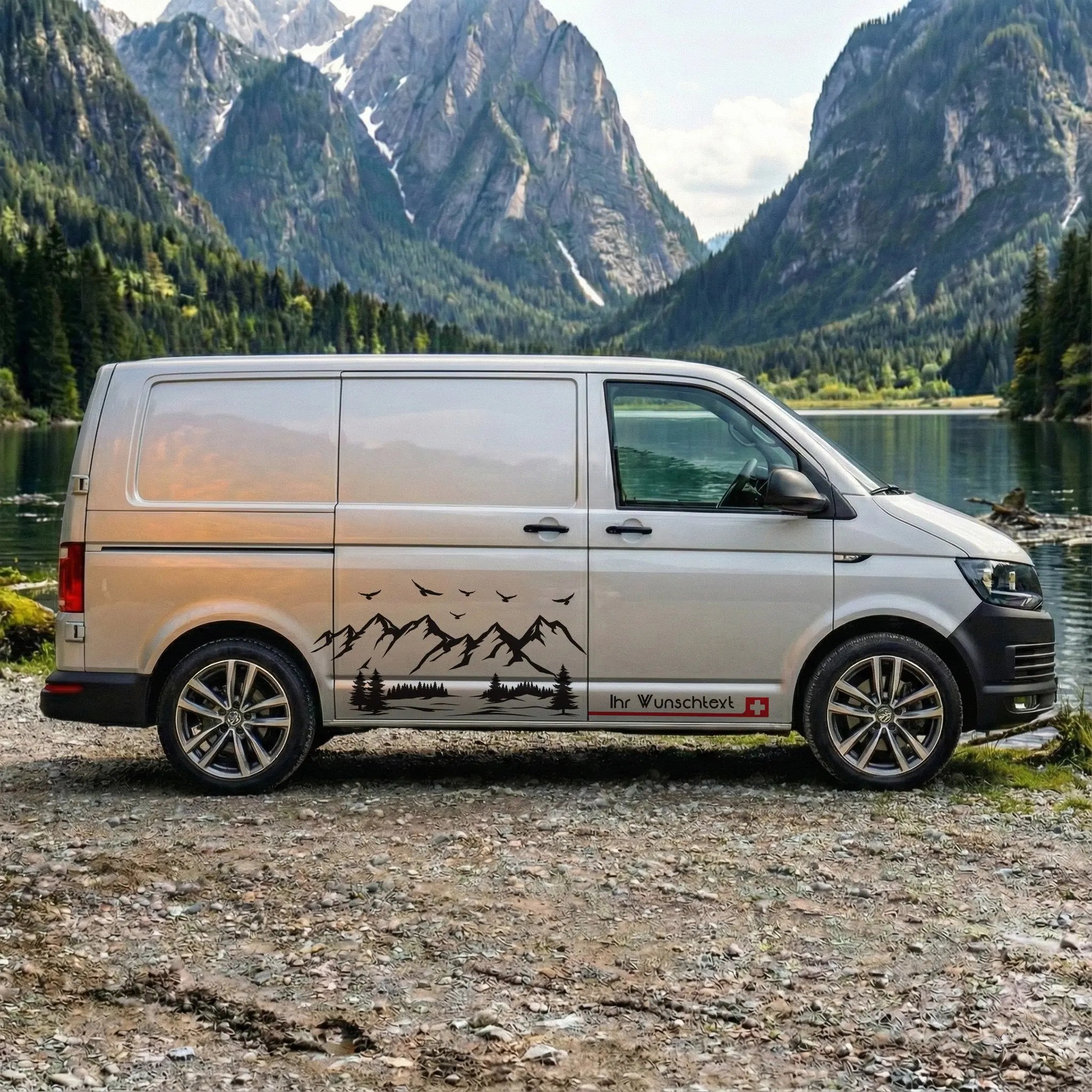 VW T5 T6 T6.1 Seitenstreifen Aufkleber Berge – Personalisiert mit Wunschtext & Flagge | Camper Van Dekor Set Prakto