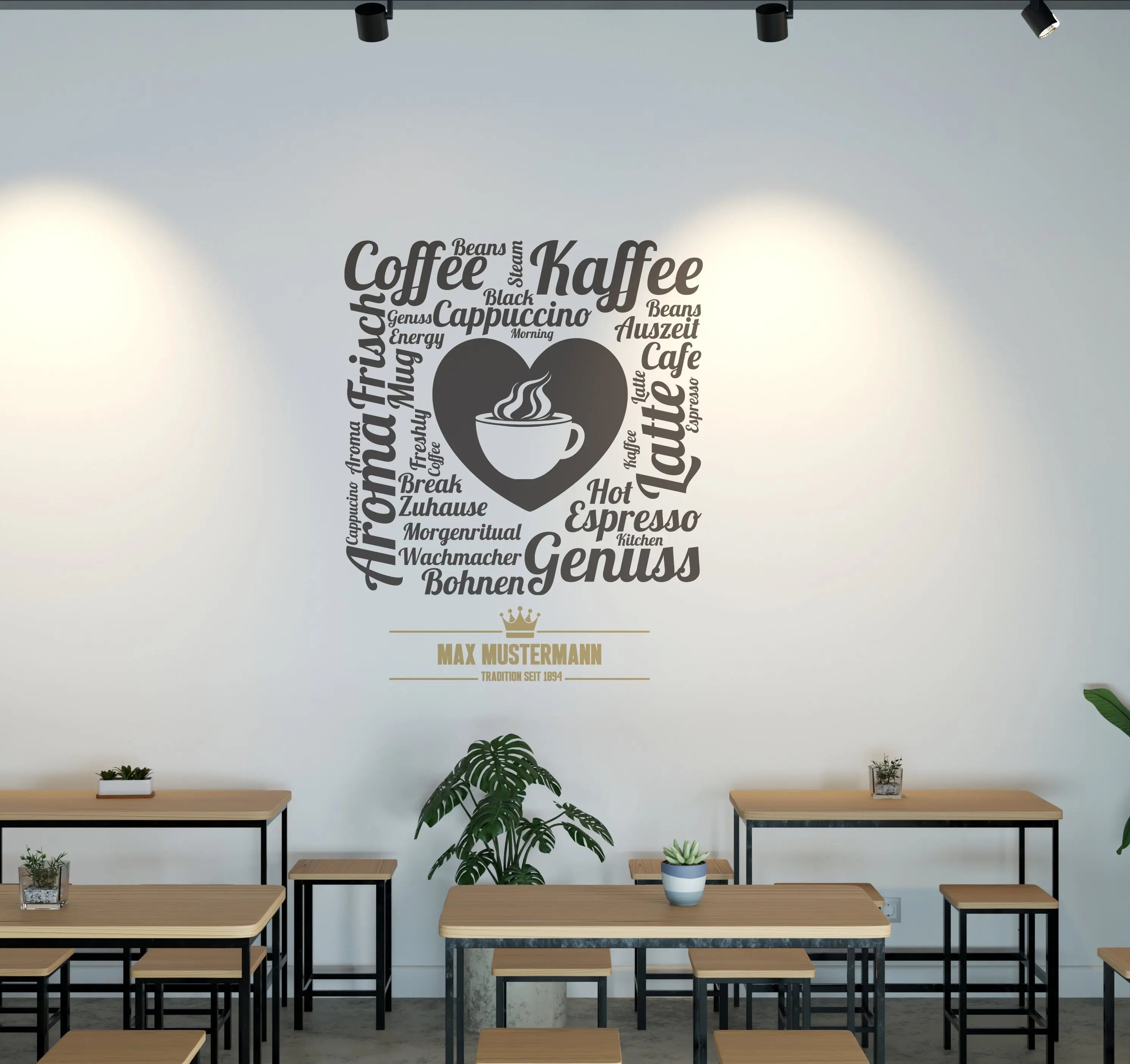 Kaffee Wandtattoo – Personalisiert mit Firmenname | Wandaufkleber für Café & Restaurant (2-farbig) Prakto