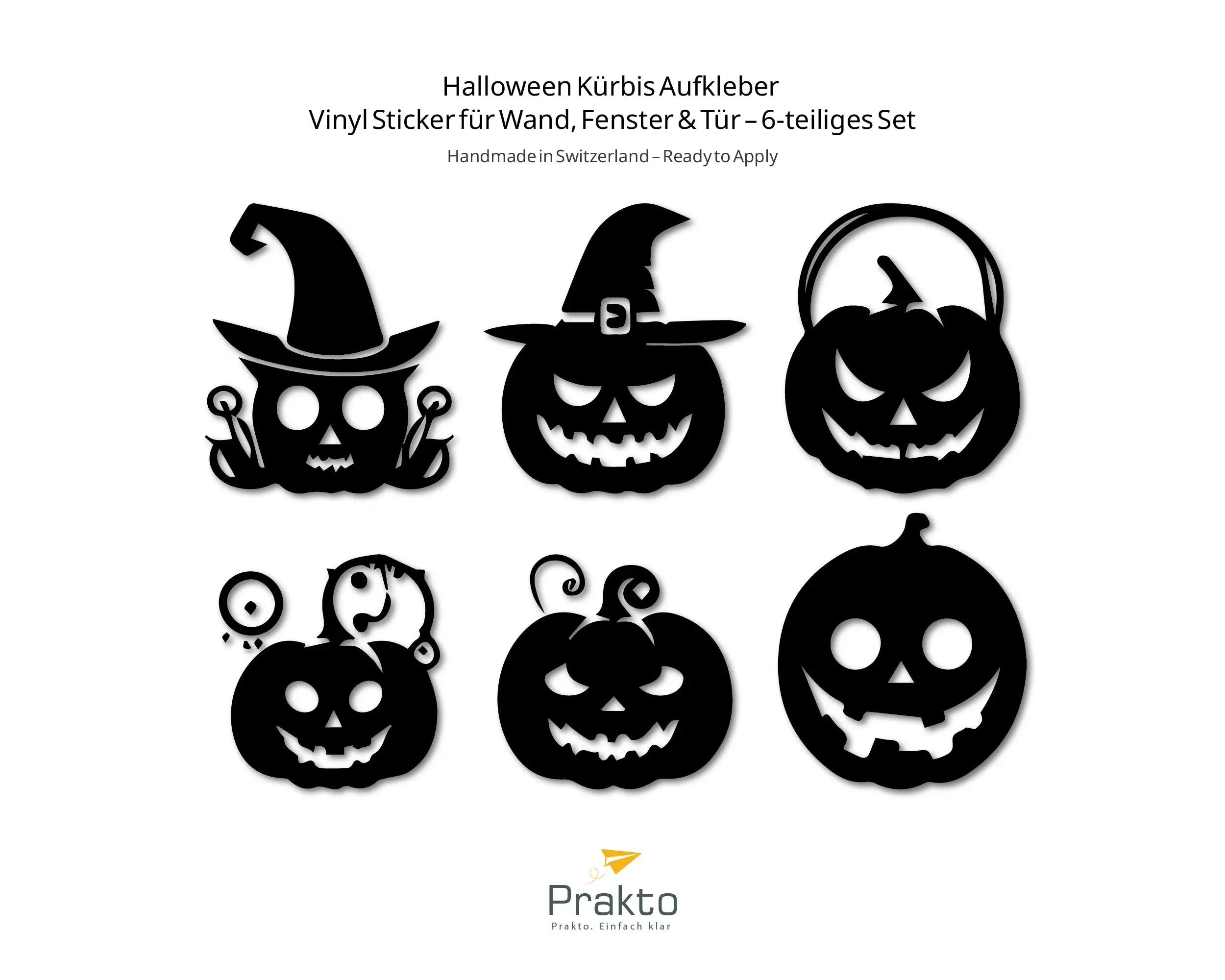 Halloween Kürbis Aufkleber Set (6-teilig) – Vinyl Wandtattoo für Fenster, Türen & Wände Prakto