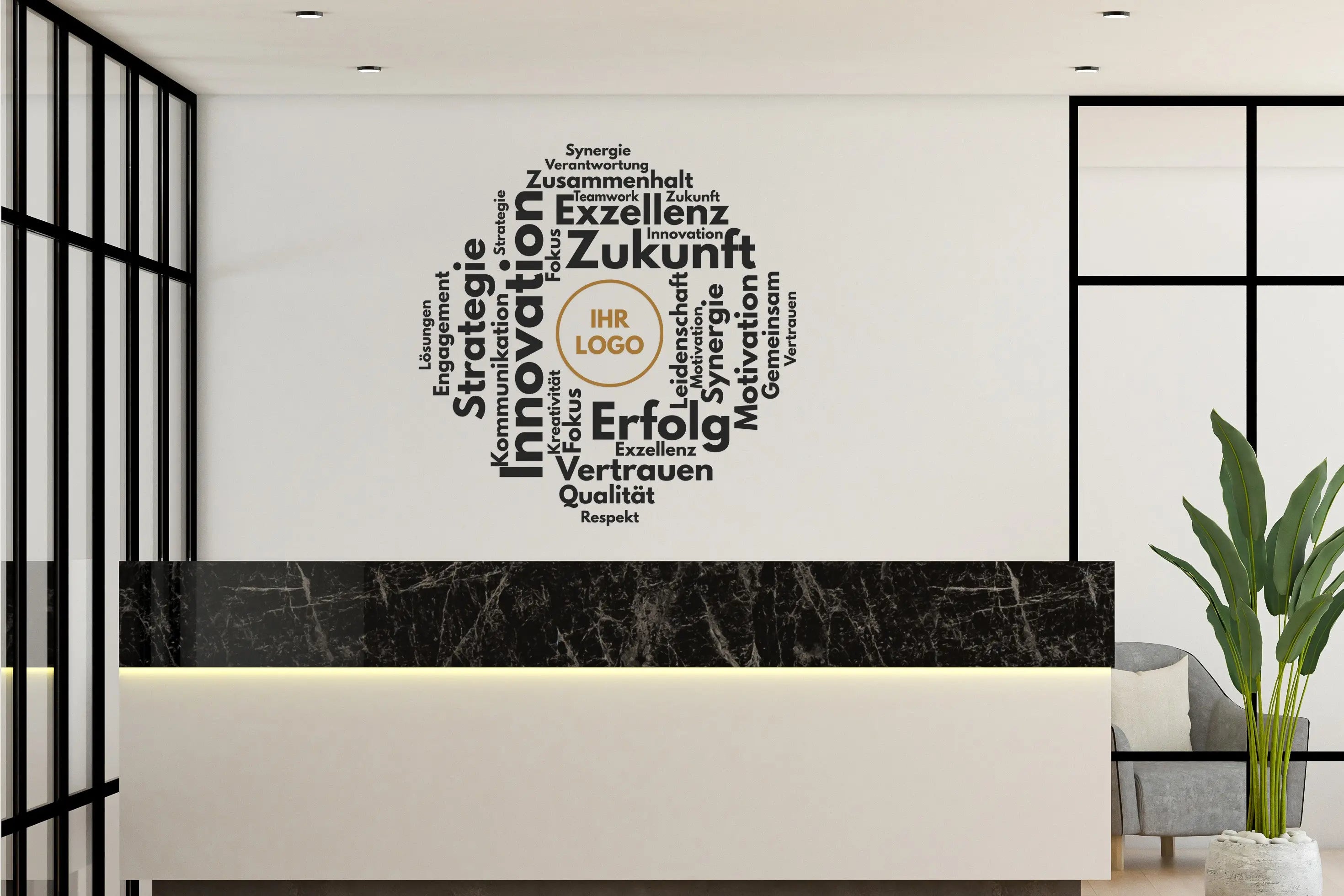 Wandtattoo Büro Wortwolke – Personalisiert mit Logo | Business Wandaufkleber für Office & Empfang Prakto