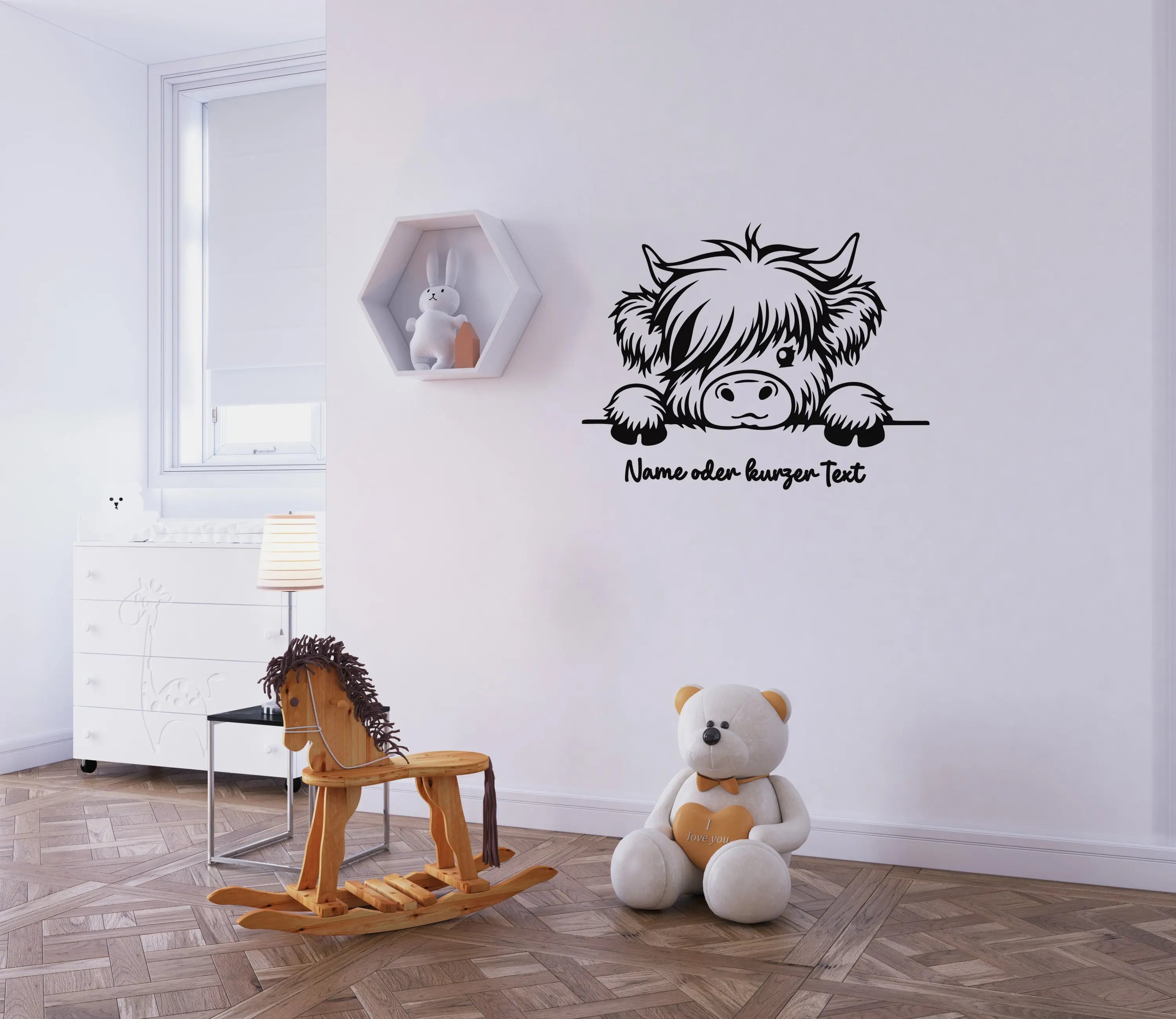 Personalisierter Highland Kuh Wandsticker – Lustige Schwarz-Weiß Wanddeko mit Name Prakto